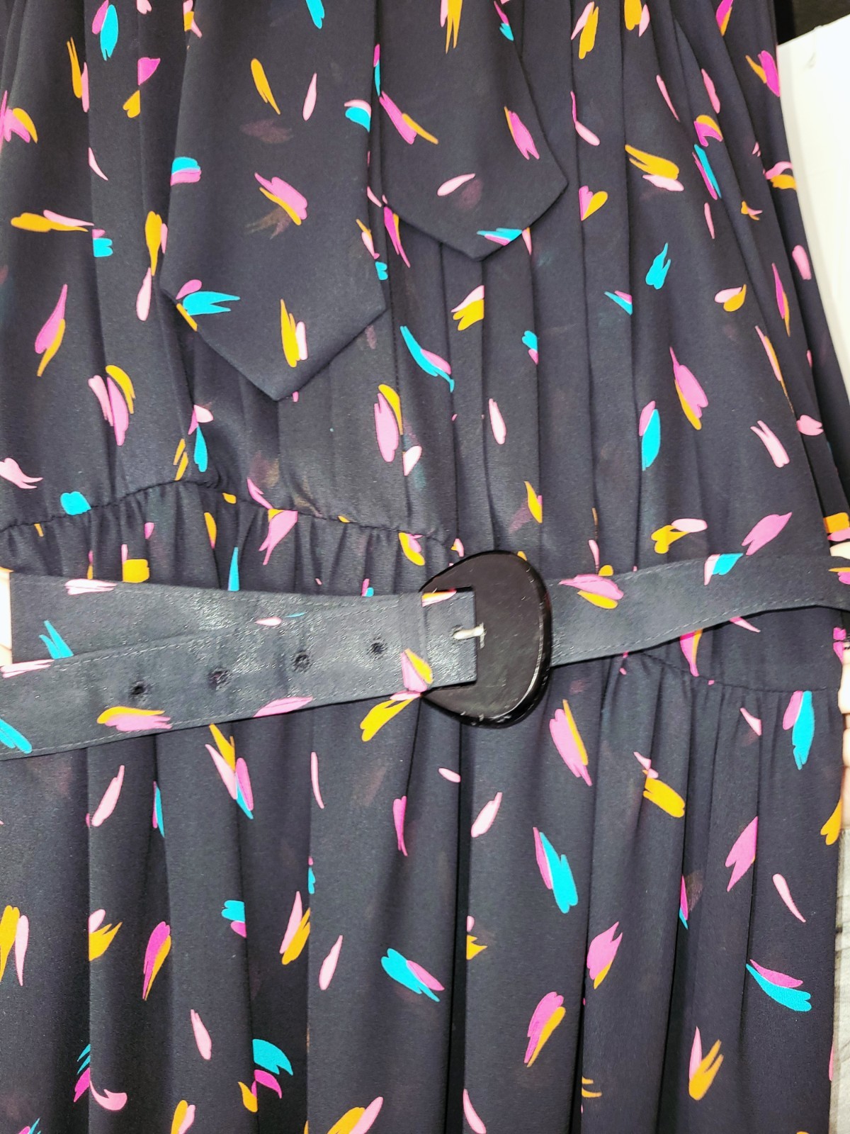 Henry Lee Green Vintage 80s Pleated Dress with Belt and Scarf Neck Tie Size 12