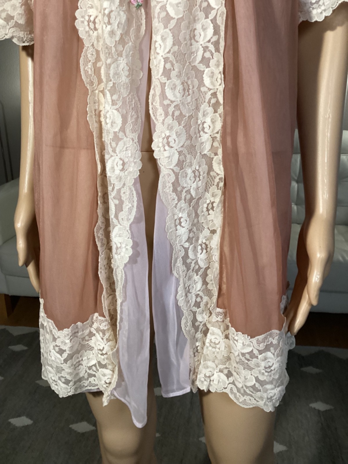 Vintage 60s Sheer Nylon Lace Jenelle of California Peignoir Robe Dusty Rose