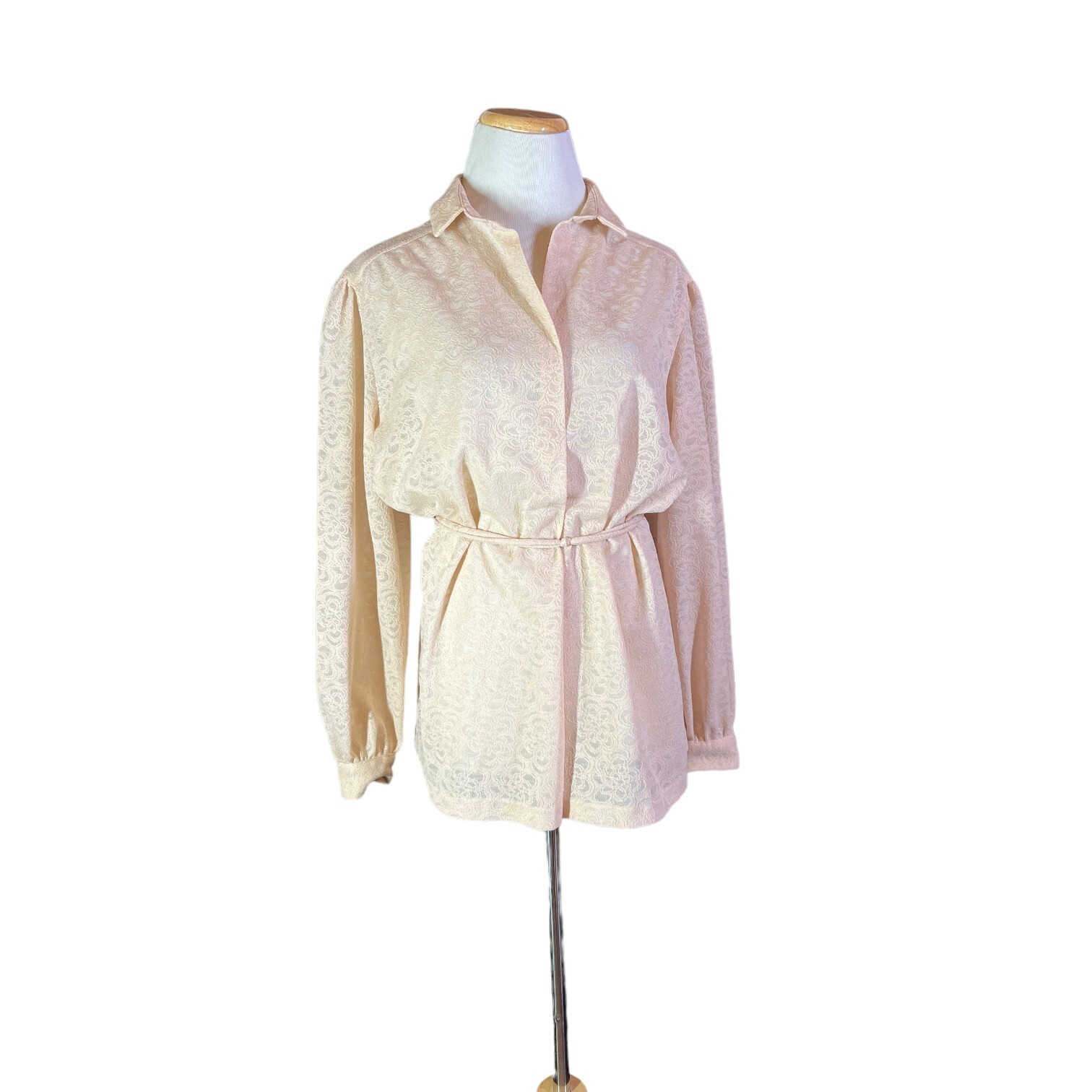 Vintage Dalton Size 14 Sheer Filmy Lace Popover Tunic Top Sash Belt Blush Pink