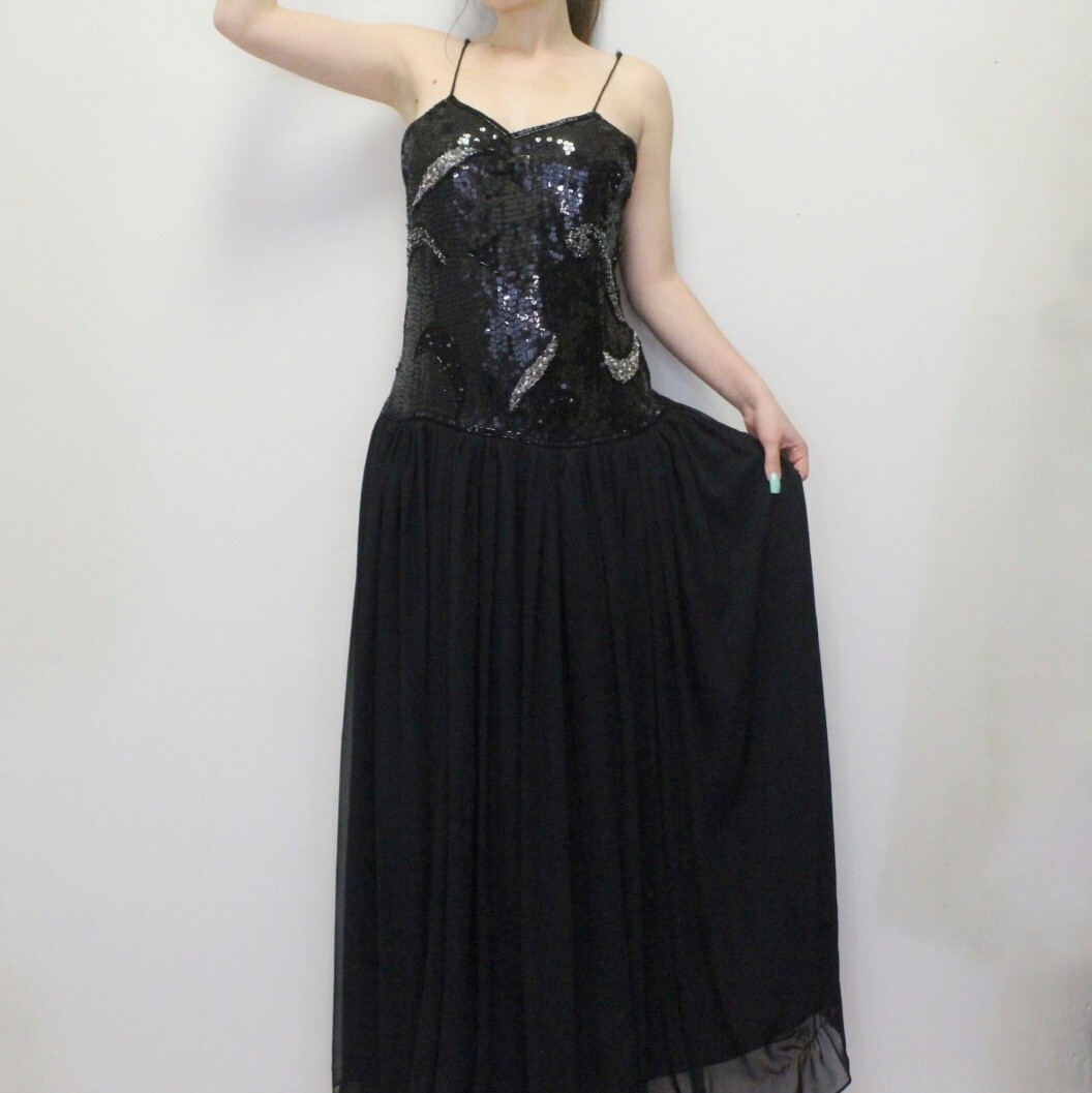 Vintage 80s Does 30s Black Silk Prom Dress-AS IS blk sequin Dress