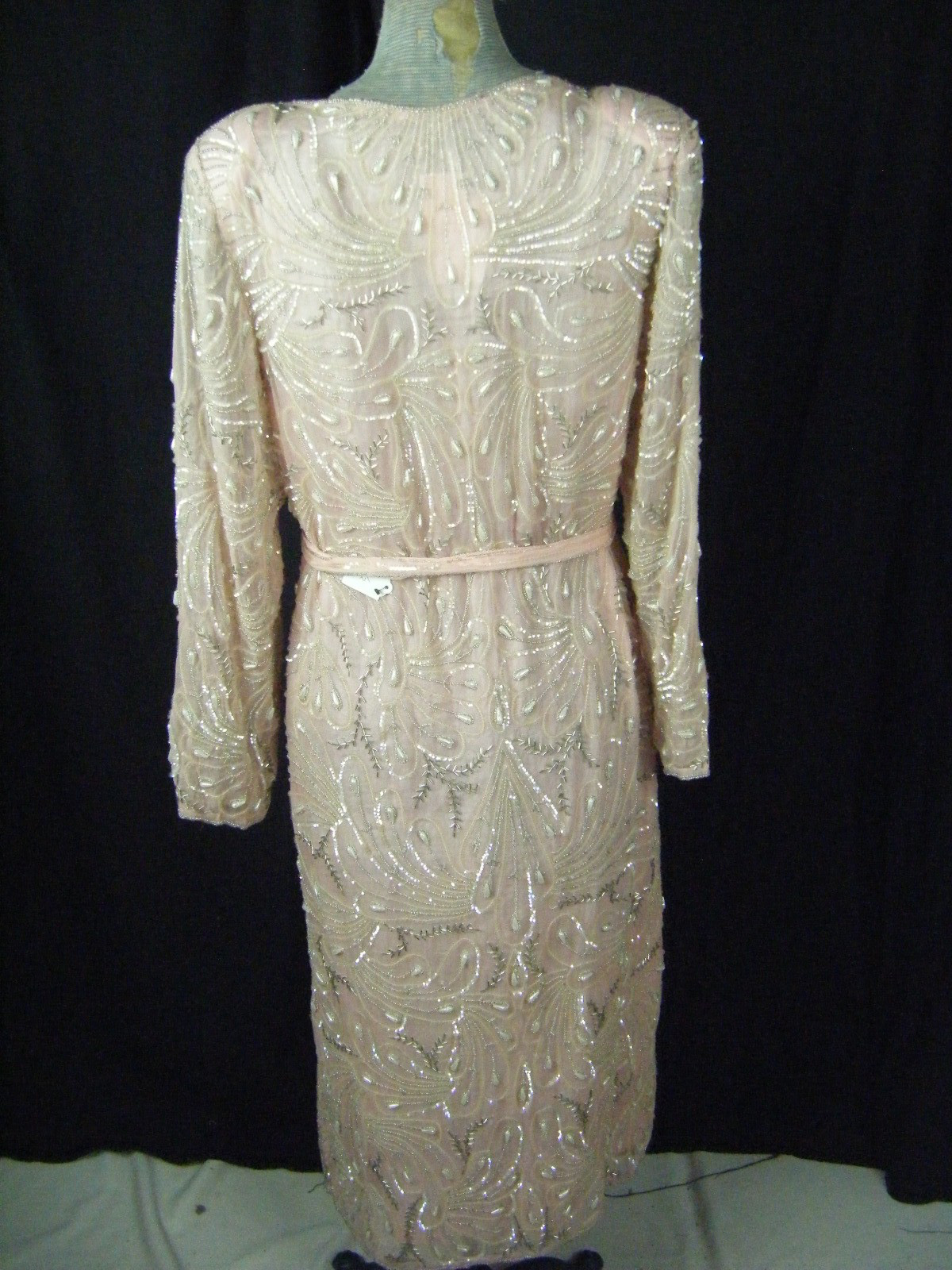 STAR LIGHT CITY Vtg 80s Pink Heavy Peacock Pearl Beaded Silk Dress-Bust 40/M