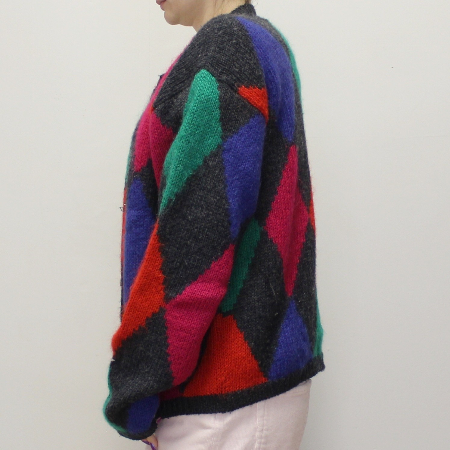 Vintage 90s Wool/Mohair/Acrylic Harlequin Jester Print Cardigan by Cappagallo