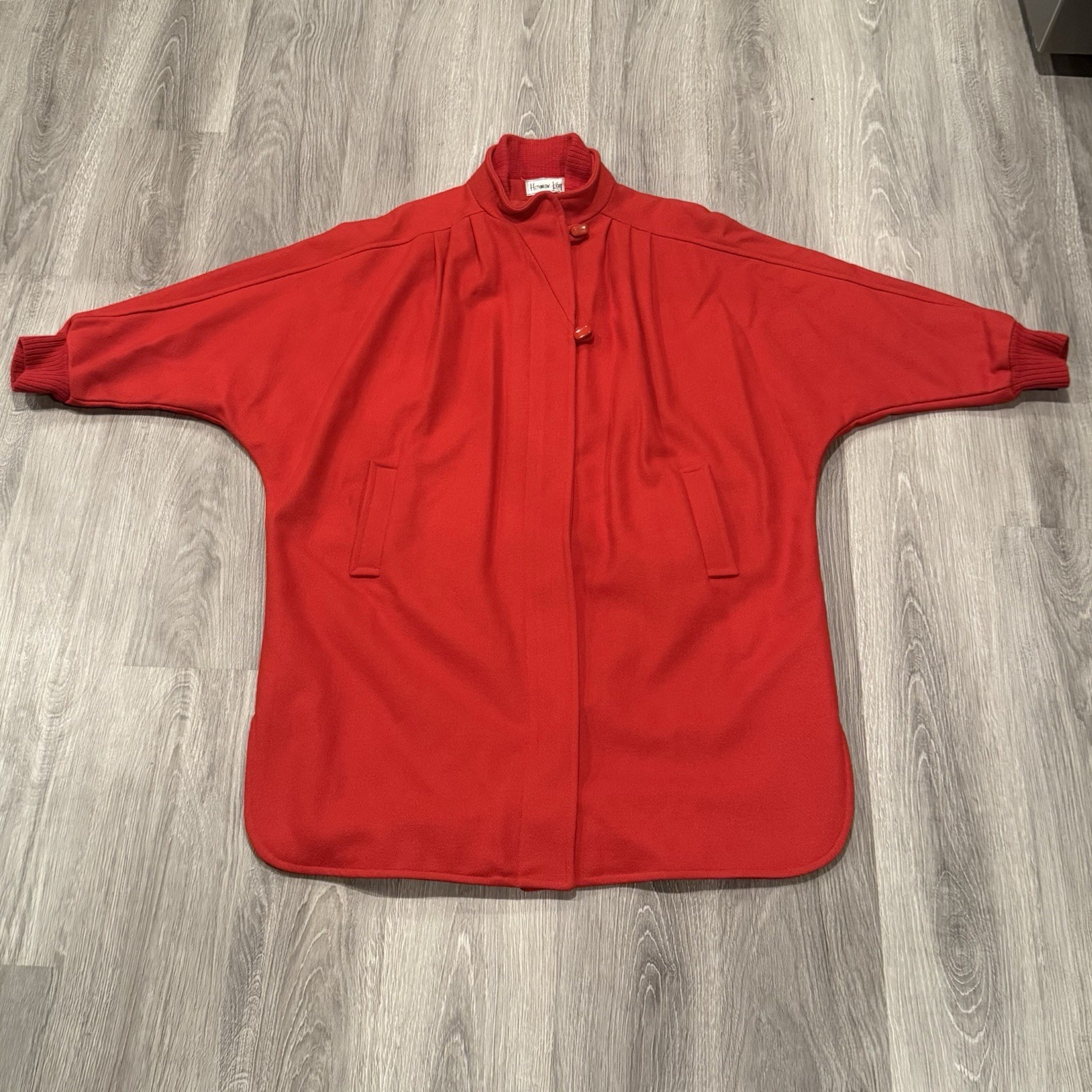 Herman Kay Wool Blend Oversize Coat Womens Red Knit Cuffs Pockets Vintage 80s