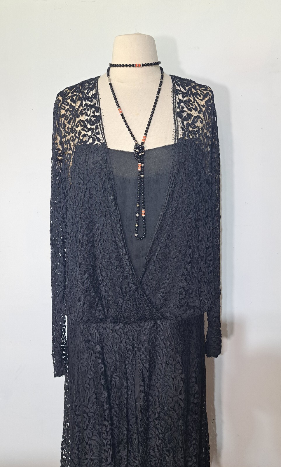 Antique 1920s Dress Black Lace over Silk Dropped Waist Long Sleeve
