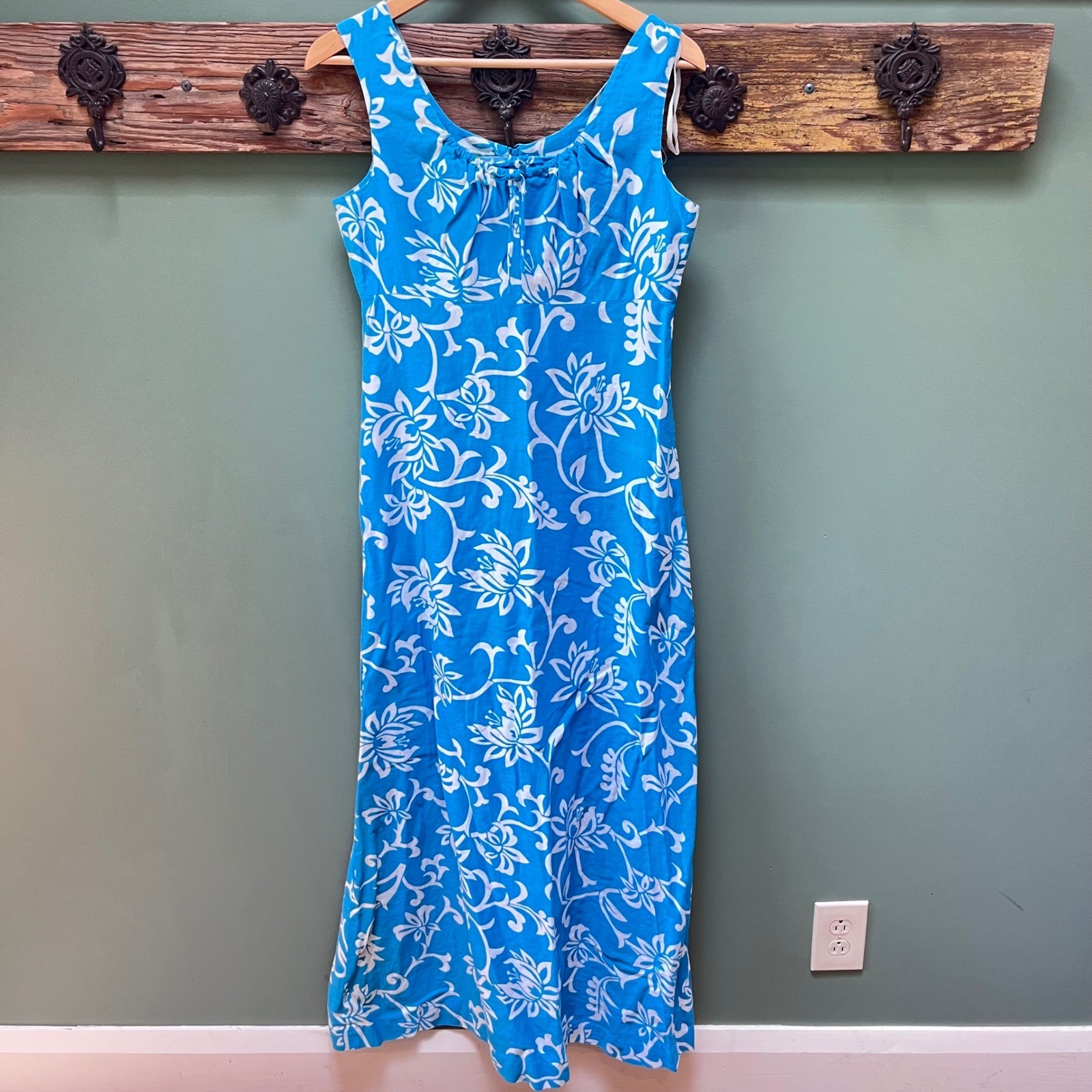 Waltah Clarke’s Vintage Hawaiian Maxi Dress Blue White Floral Cotton Womens 14