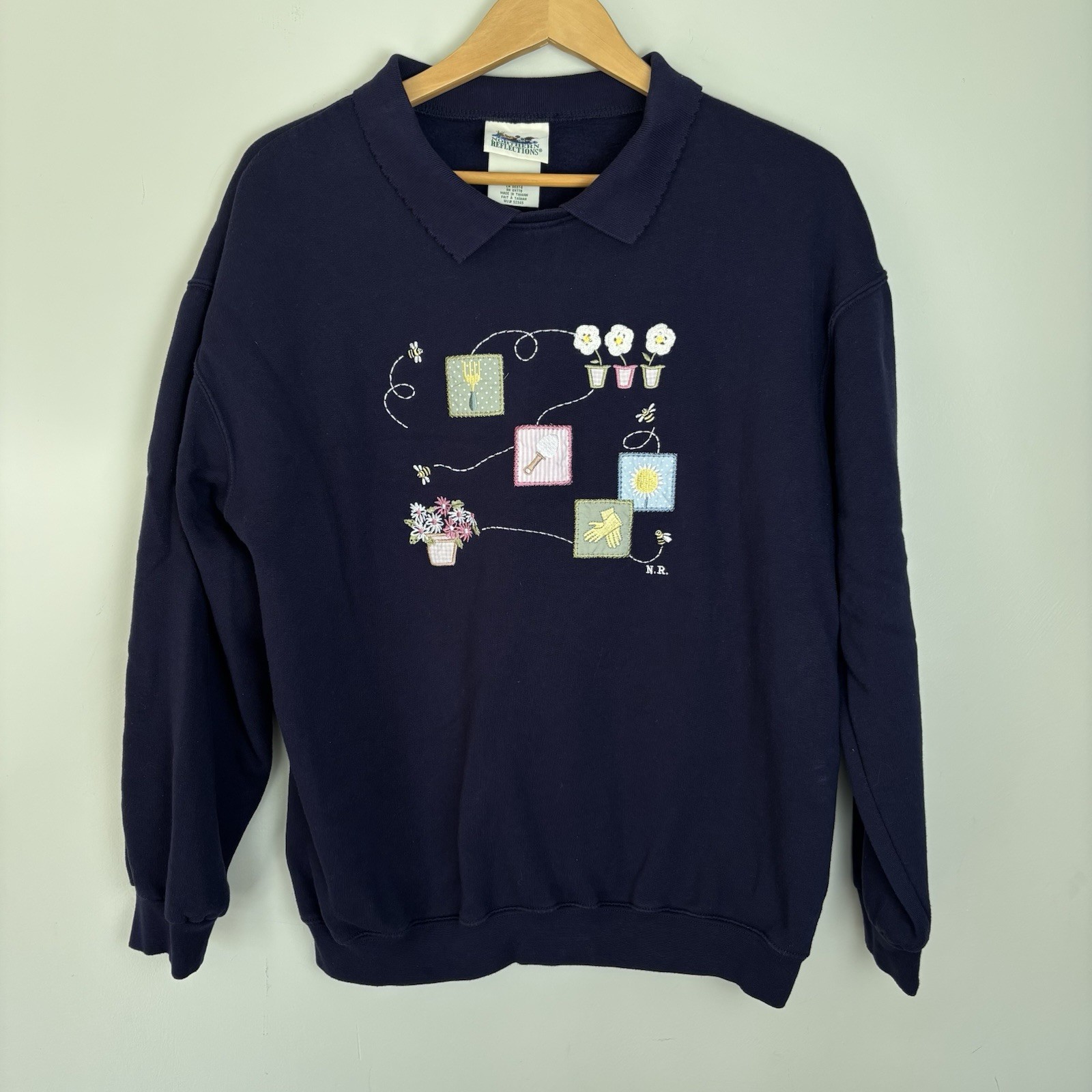 VTG 90s Northern Reflections Gardening Flowers Bees Collar Crewneck Sweatshirt-L