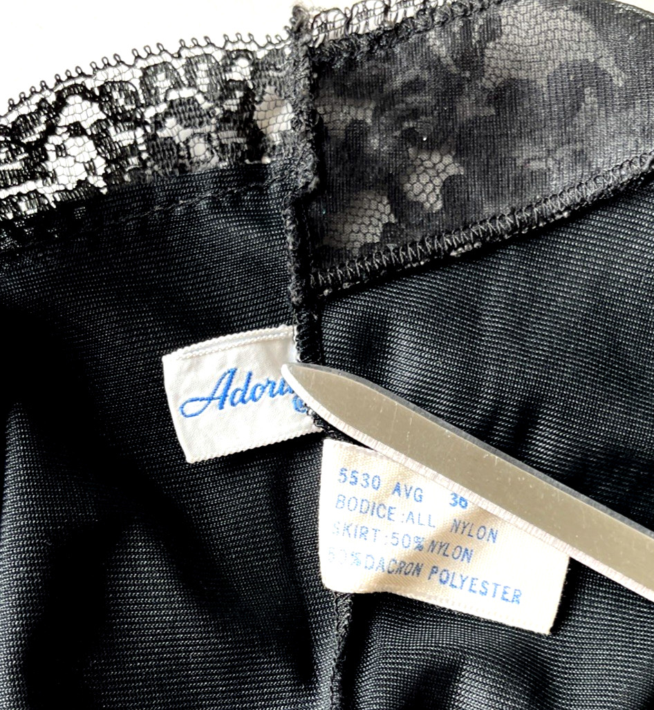 Vintage Adoria Black Slip Lace Bodice Nylon Skirt Rustles Nylon/Poly Size 36