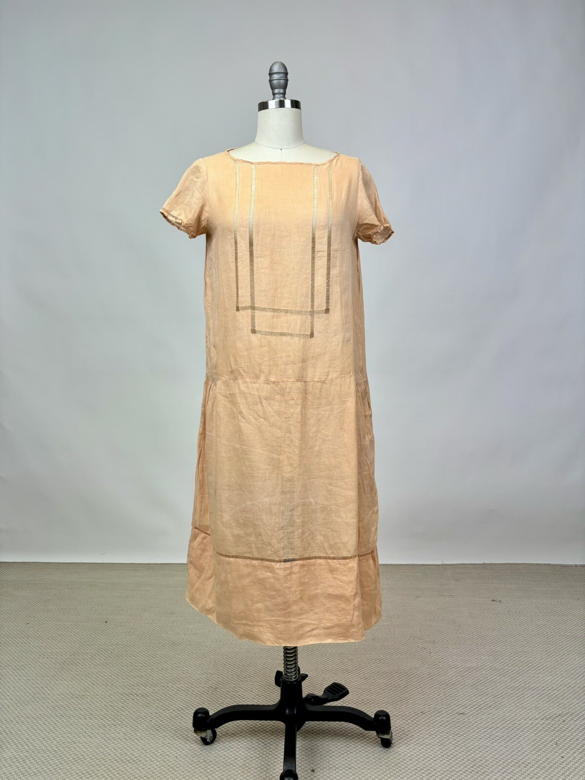 Antique 1910s 1920s Light Pink Cotton Drop Waist Shift Dress Short Sleeve AS IS