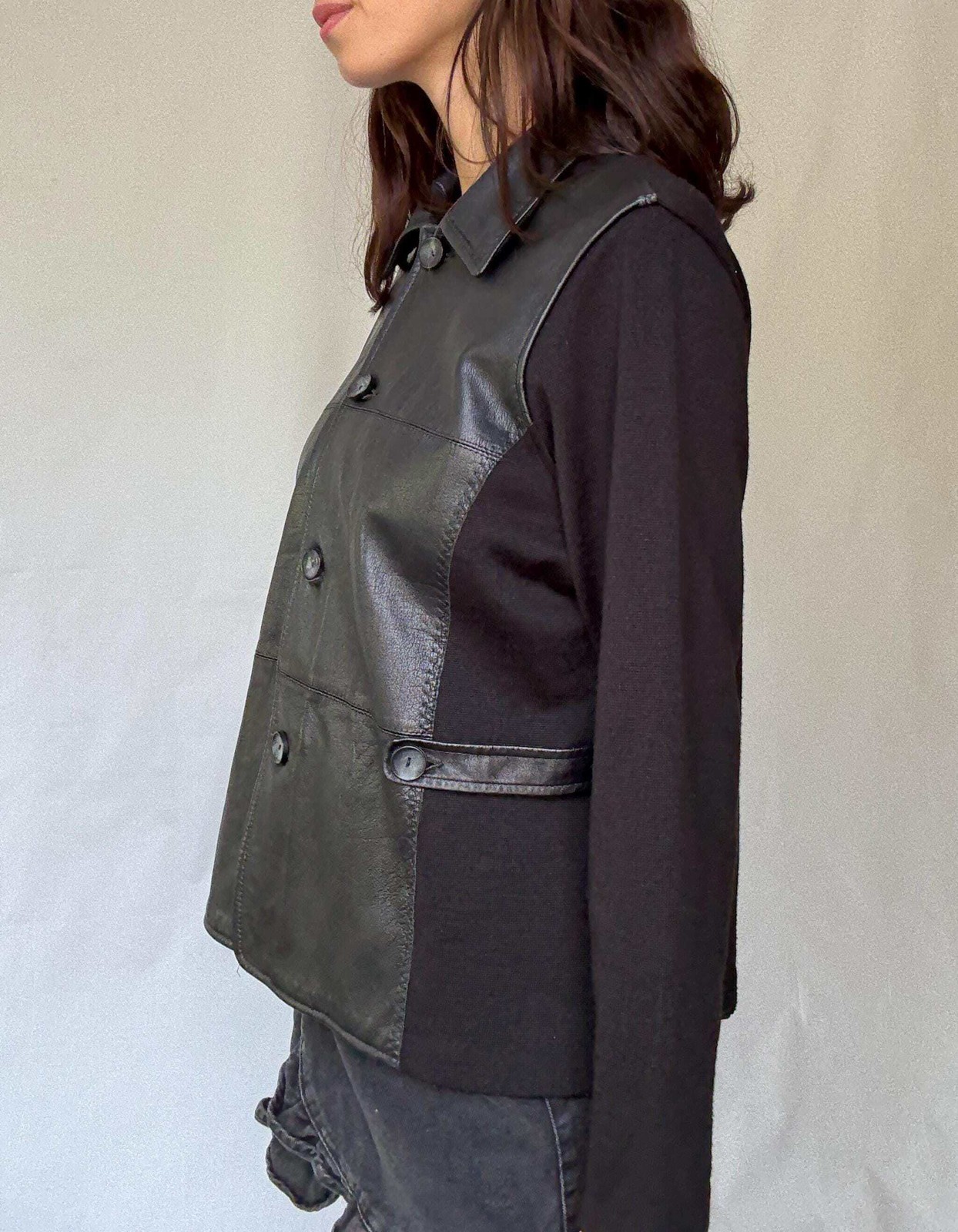 Luxury black leather and wool blend jacket, vintage minimalist style