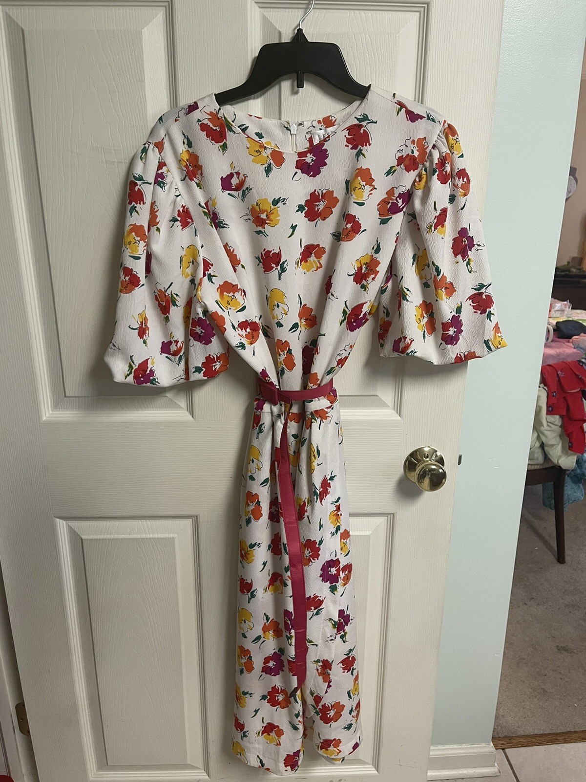 Leslie Fay VNT White floral dress Med 14 80s With Belt 70s Puff Sleeves Balloon
