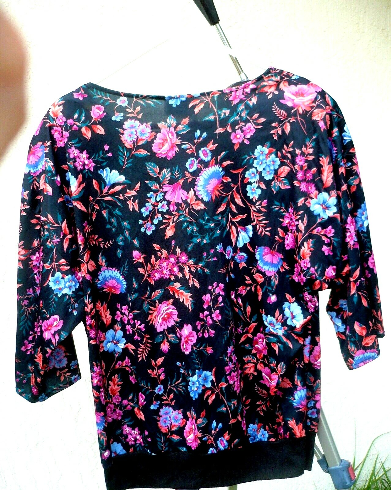 VTG 80S ACT 3 MULTI COLOR FLORAL PLUS 2X 1X BANDED BLACK SILKY BLOUSE WOMEN POLY