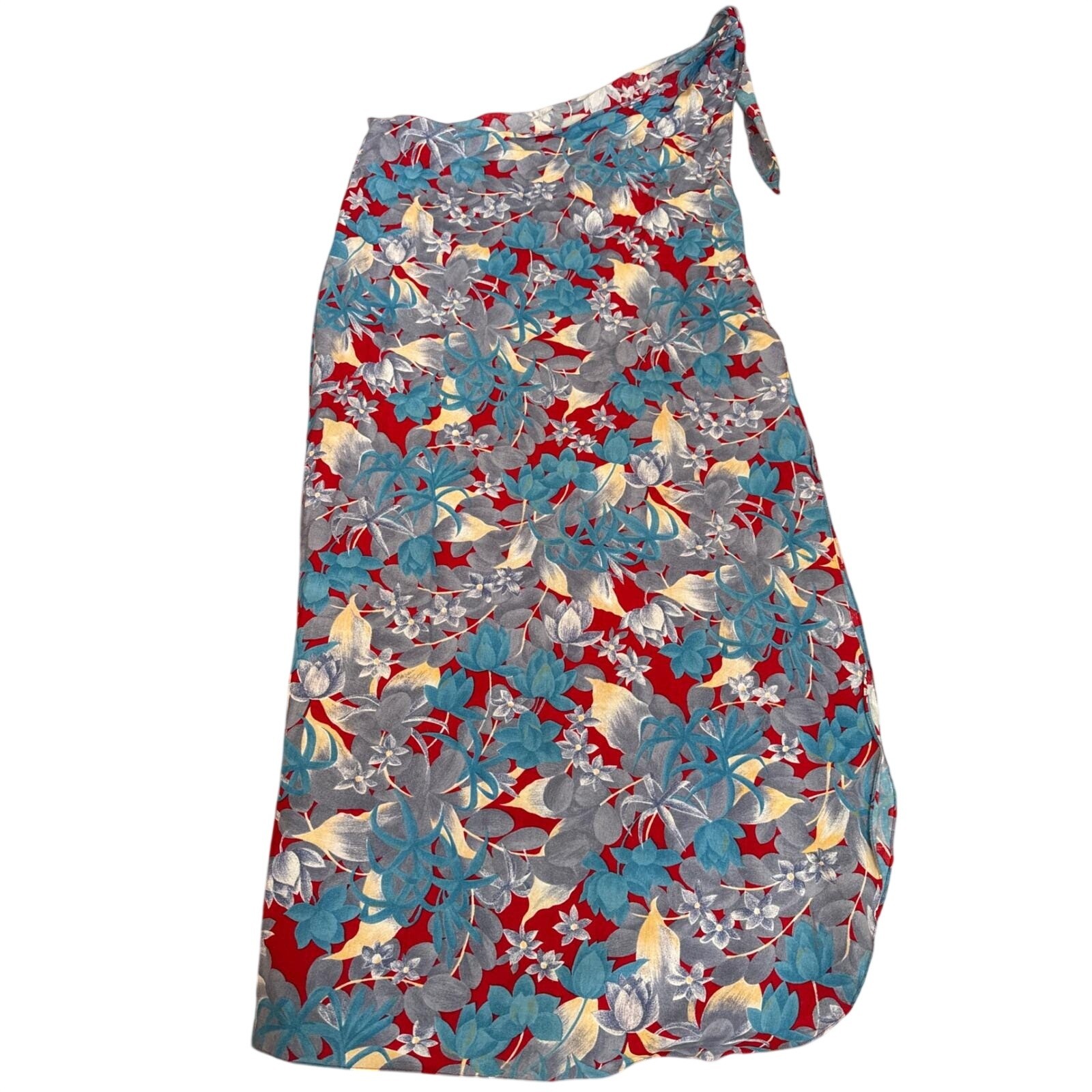 Luana Original Lahaina Hawaii One Shoulder Floral Maxi Dress Red Blue VTG Wrap