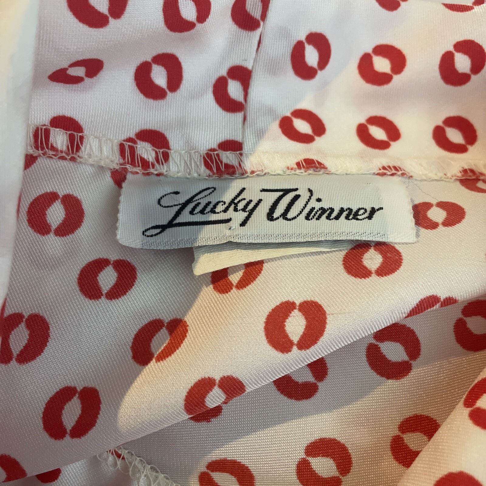 Vintage Lucky Winner Blouse Top Attached Skinny Tie Scarf White Red Design M