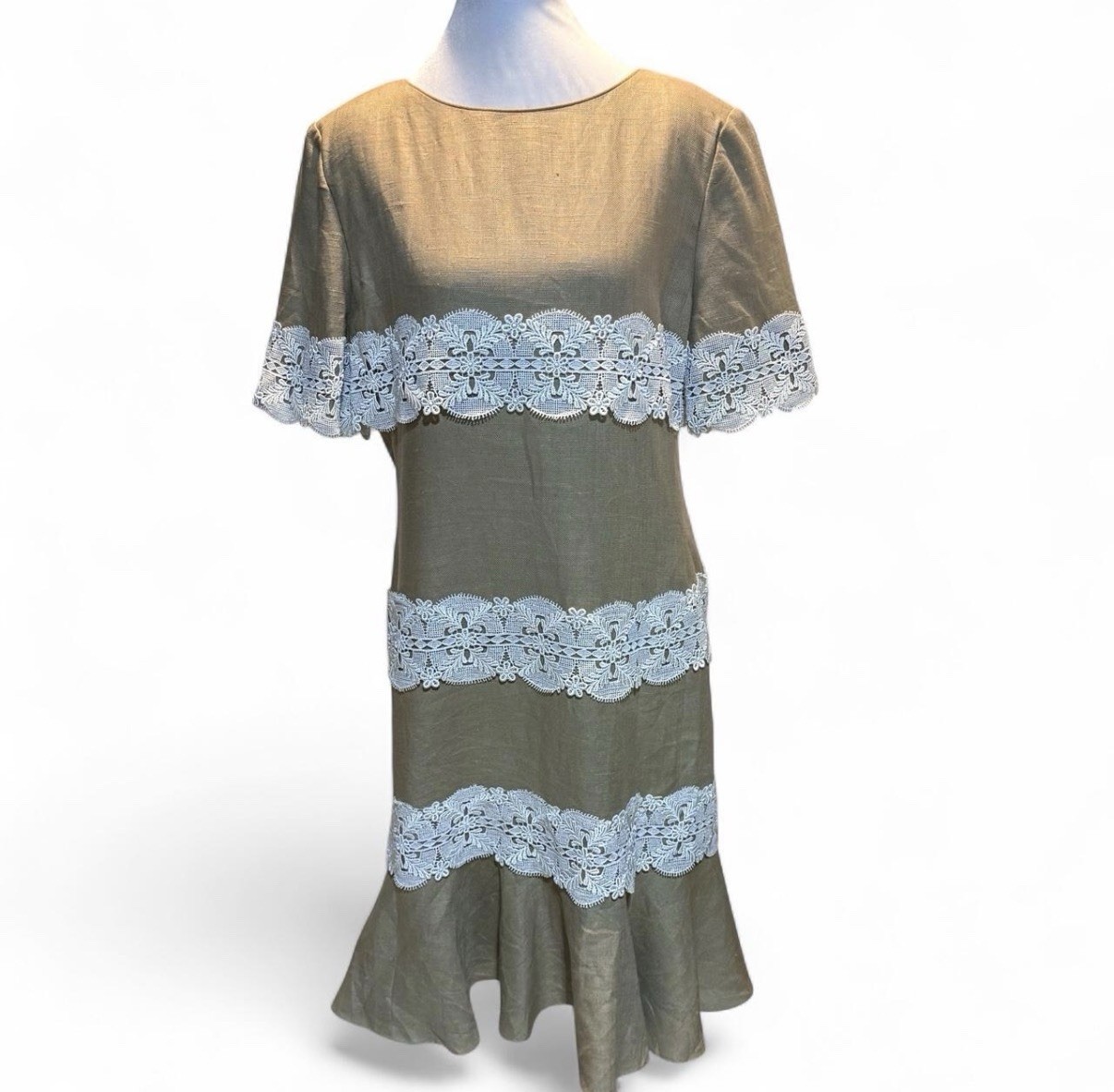 Vintage William Pearson Linen Lace Midi Dress Size 12 Made in USA