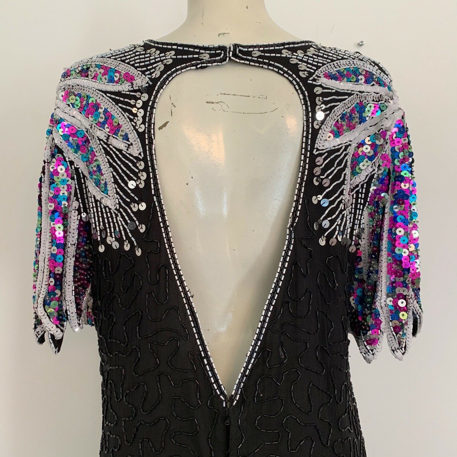Vintage Beaded Sequins Black Dress SWEE LO Keyhole Back Cocktail Evening Gown
