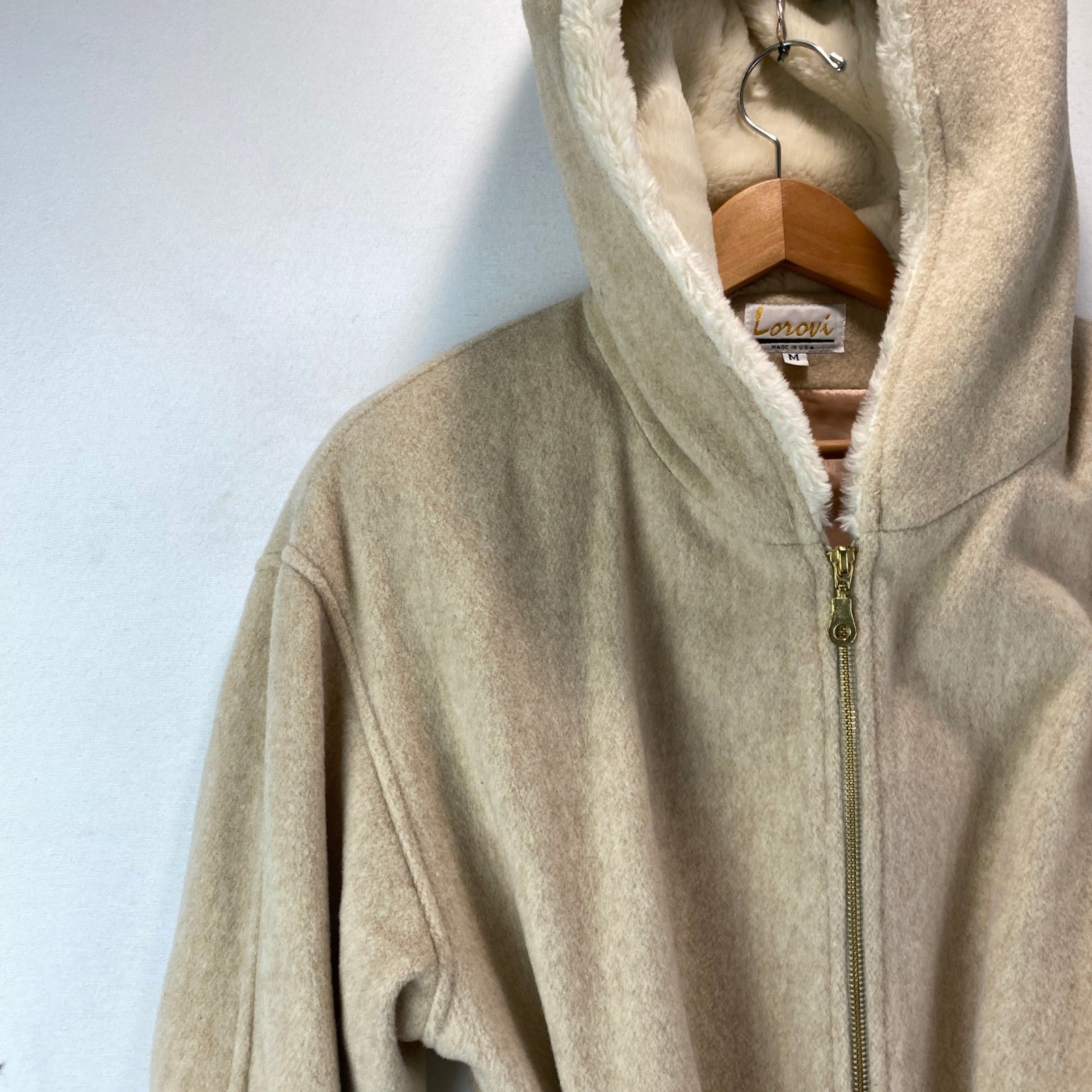 VTG Lorovi Hooded Faux Fur Trim Wool Belted Coat Womens M Beige Made in USA Zip