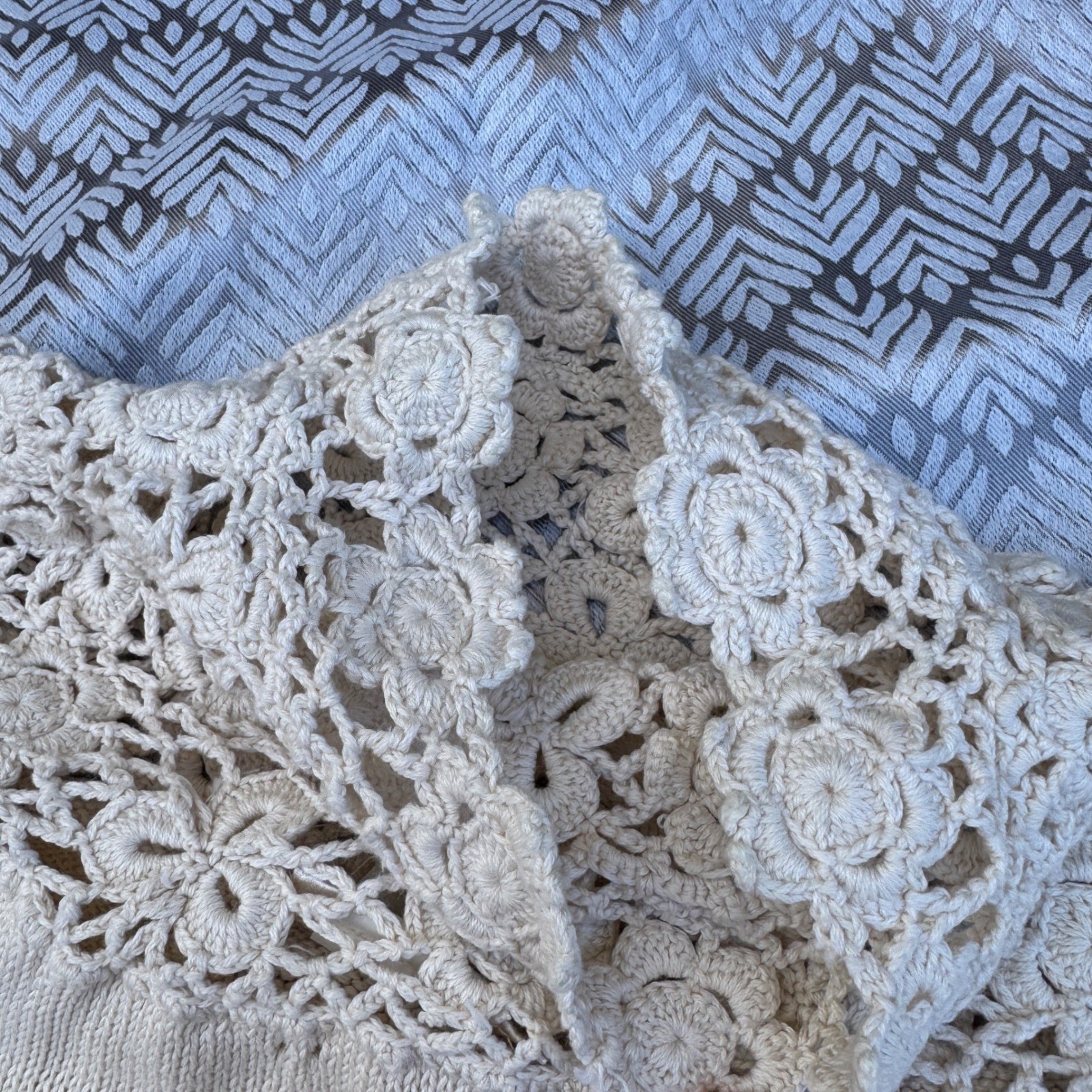 In-Wear Vintage 1980s Sweater Cream Crochet Lace High Neck Pointelle Cotton