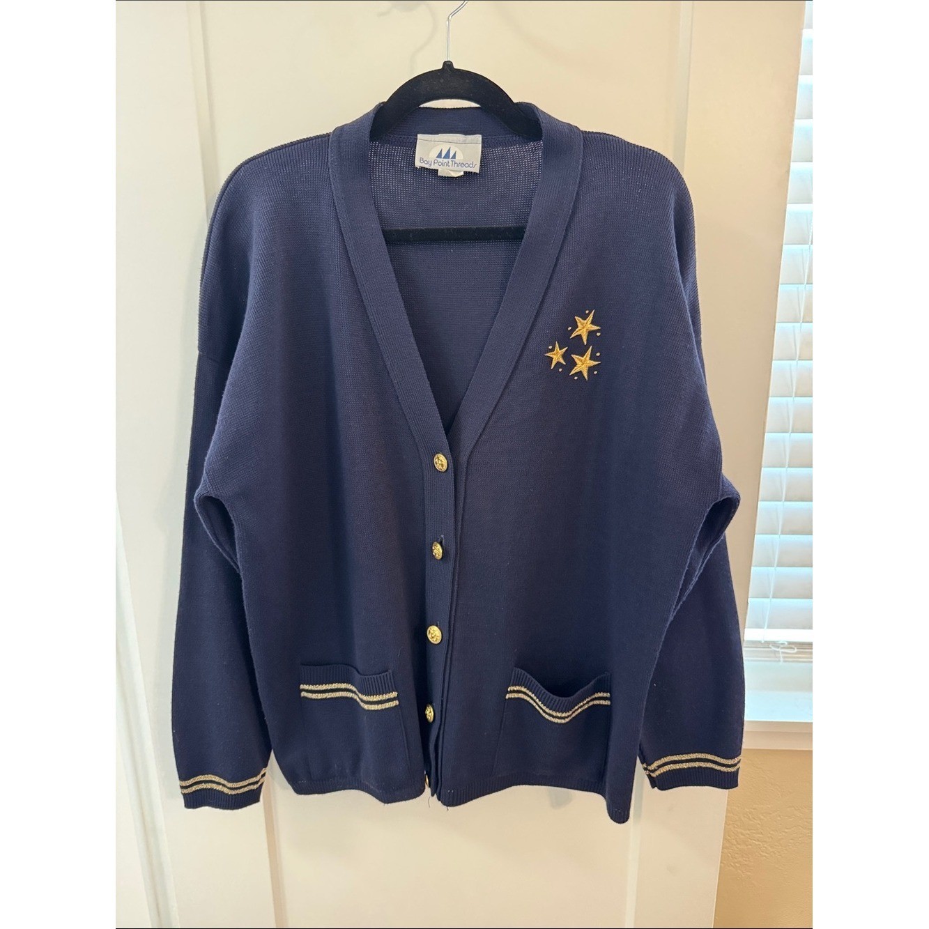 Vintage Bay Point Thread Navy Nautical Cardigan Gold Buttons Stars XL USA