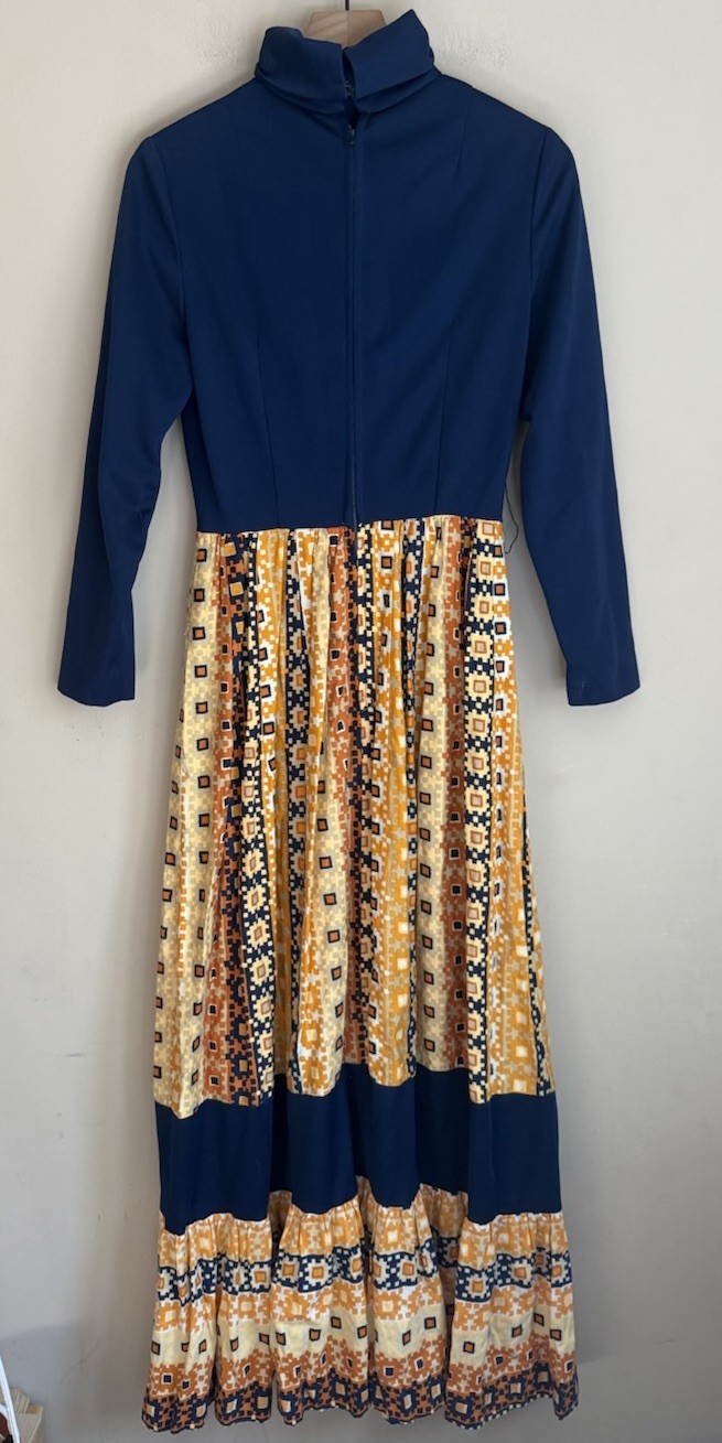 Dress Maxi Vintage 60s 70s Boho Hippy Prairie Floral Womens Size Small Blue