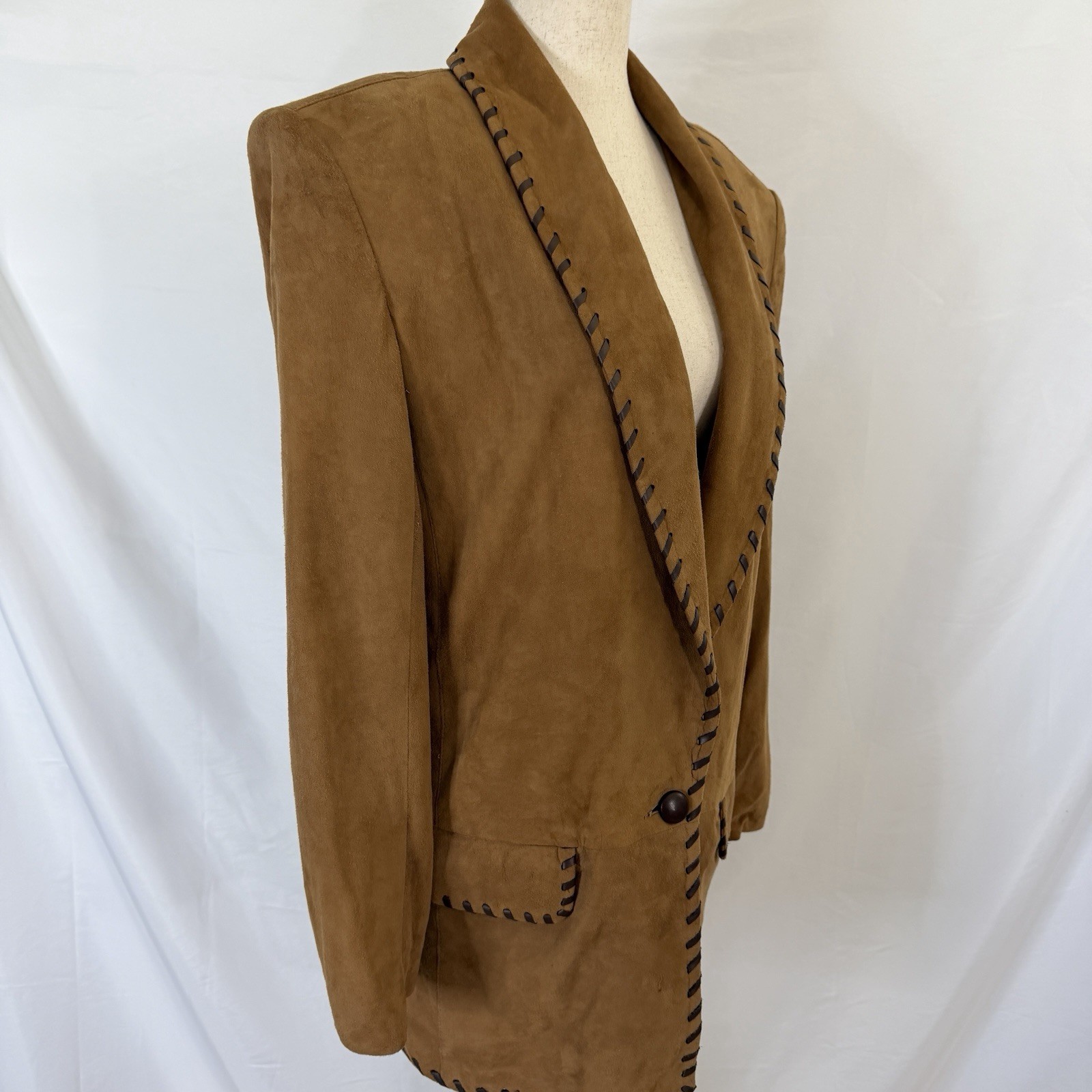 Vintage 90s Vakko Brown Leather Blazer style Jacket Small Whip Stitch Detail