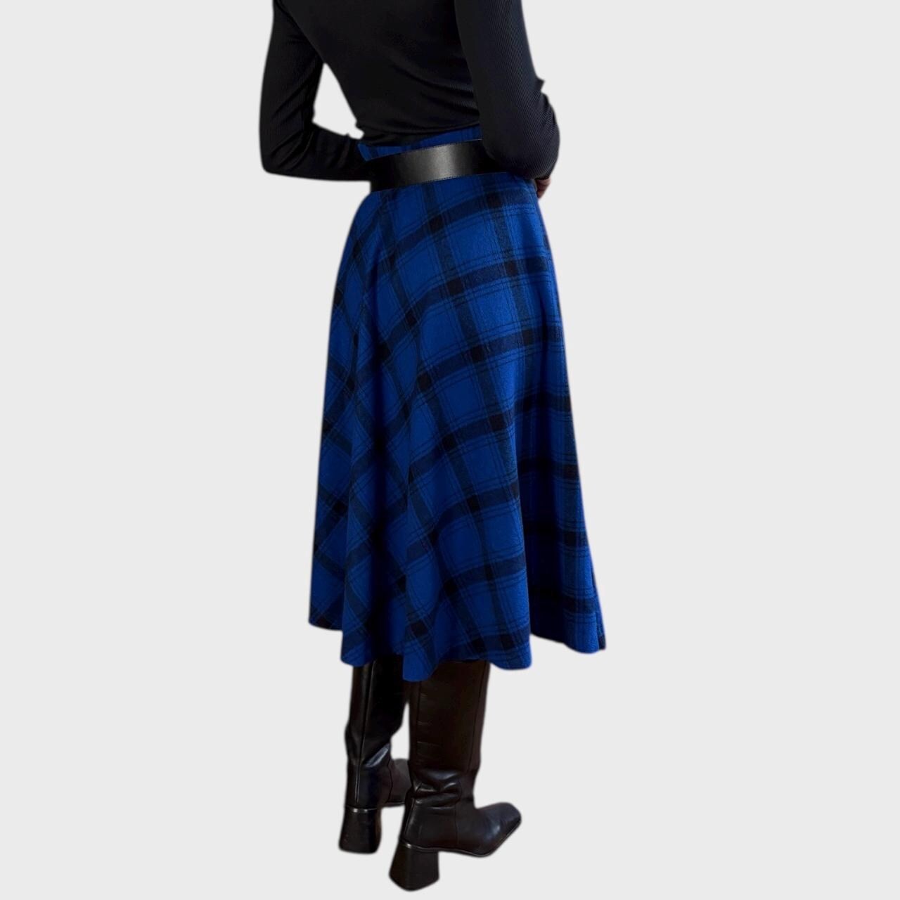 Vintage 90s Blue Plaid Wool Blend Midi Skirt | High Waist A-Line size US8/ EU40