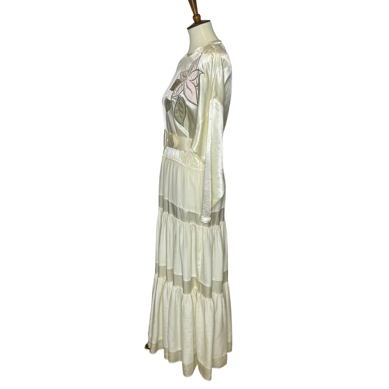 Vintage Choon California Ivory Satin Tiered Maxi Long Dress Belted USA Size 8?