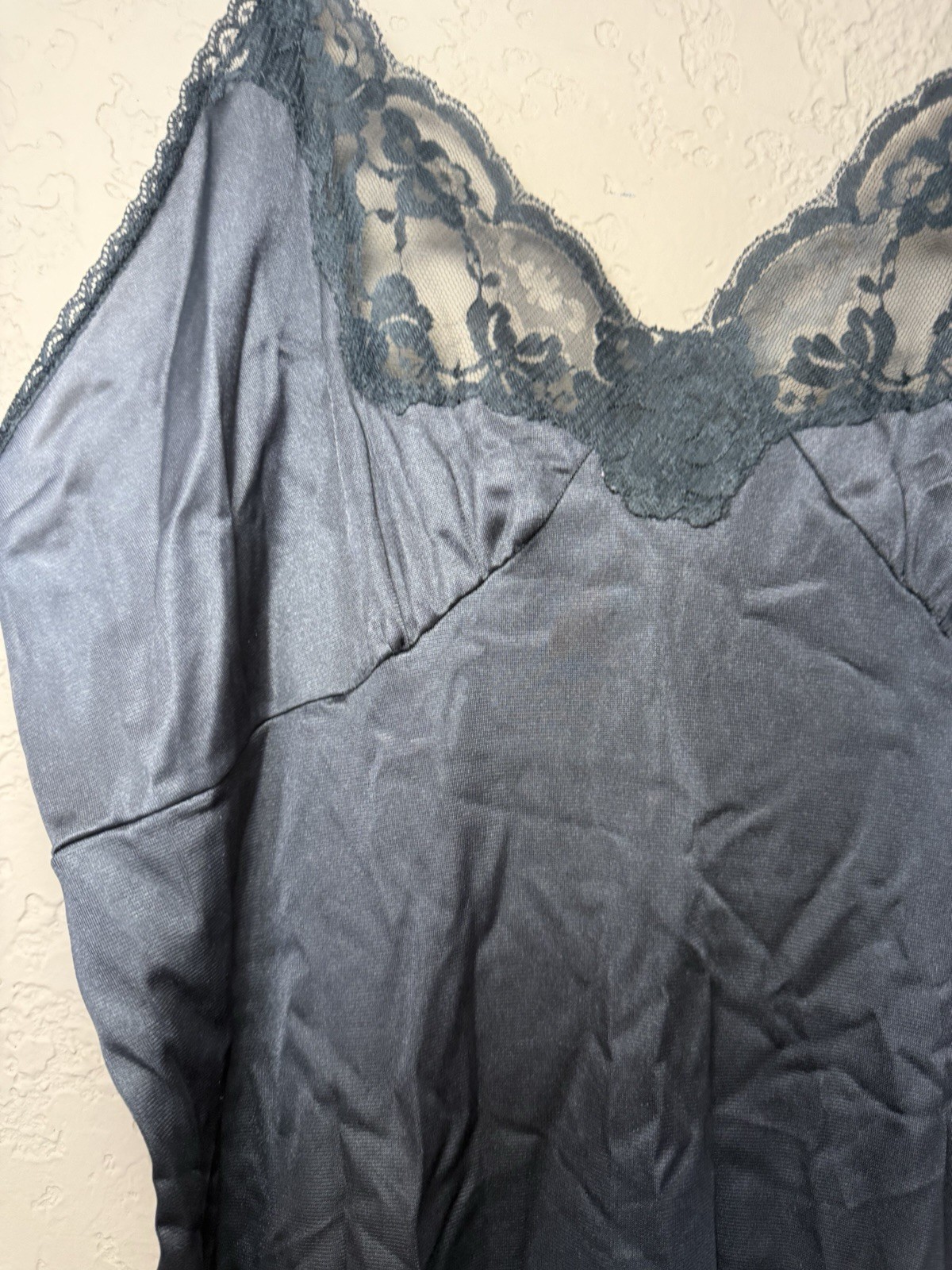 Vintage Nylon Lace Poly Chemise Full Slip Adjustable Straps Black Lingerie Sz 38