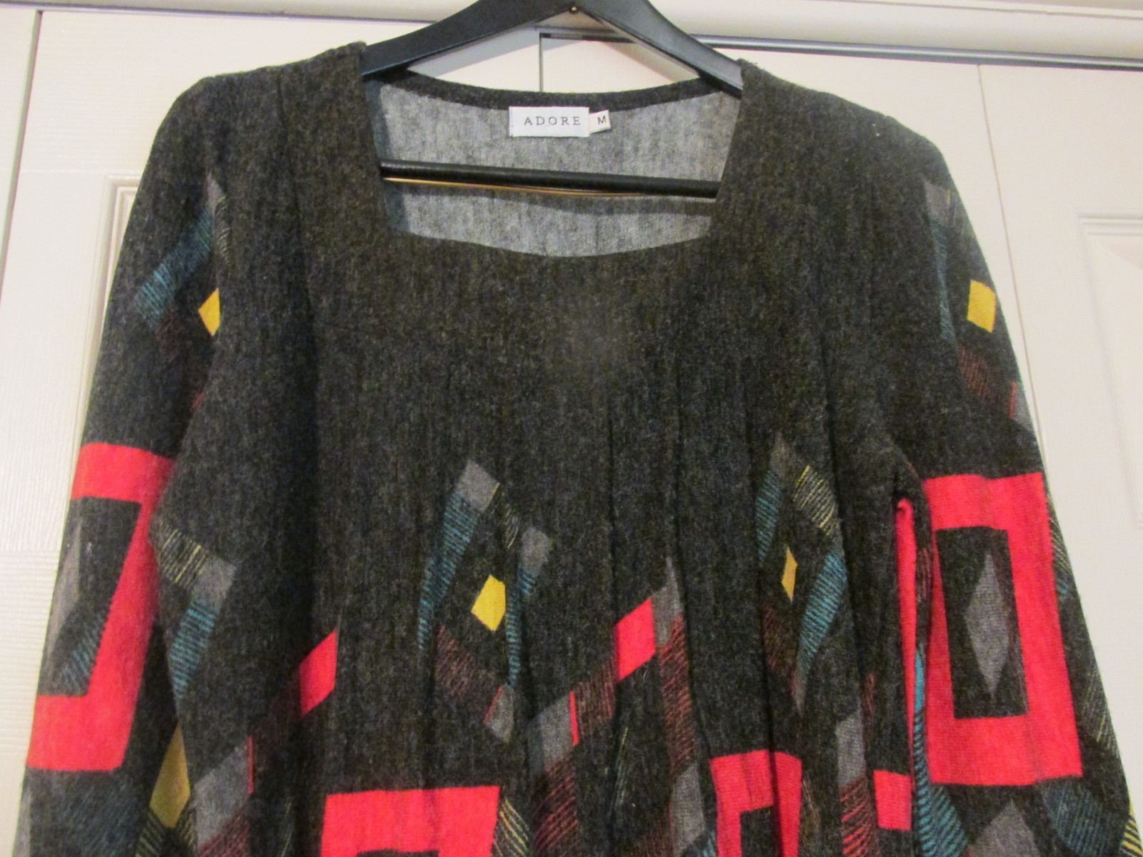 Vtg. ADORE Women’s M L/S Black Geometric Print Mod BoHo Knit Dress