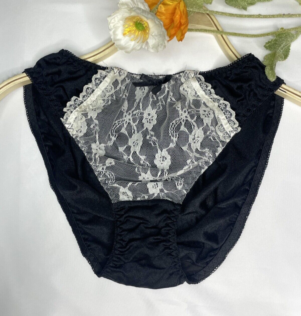 Vintage Sheer Black Nylon Panty Briefs Hip 38-41″ Sz.7/L White Lace Sissy Bikini