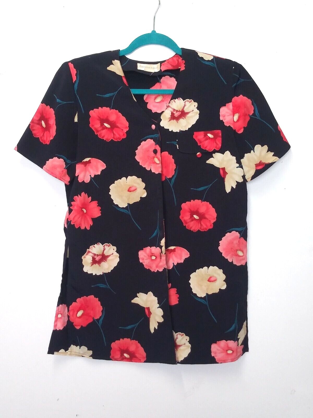 women’s floral Blouse/Top 80s-90s Vintage Christie & Jill Sz L black pink bright