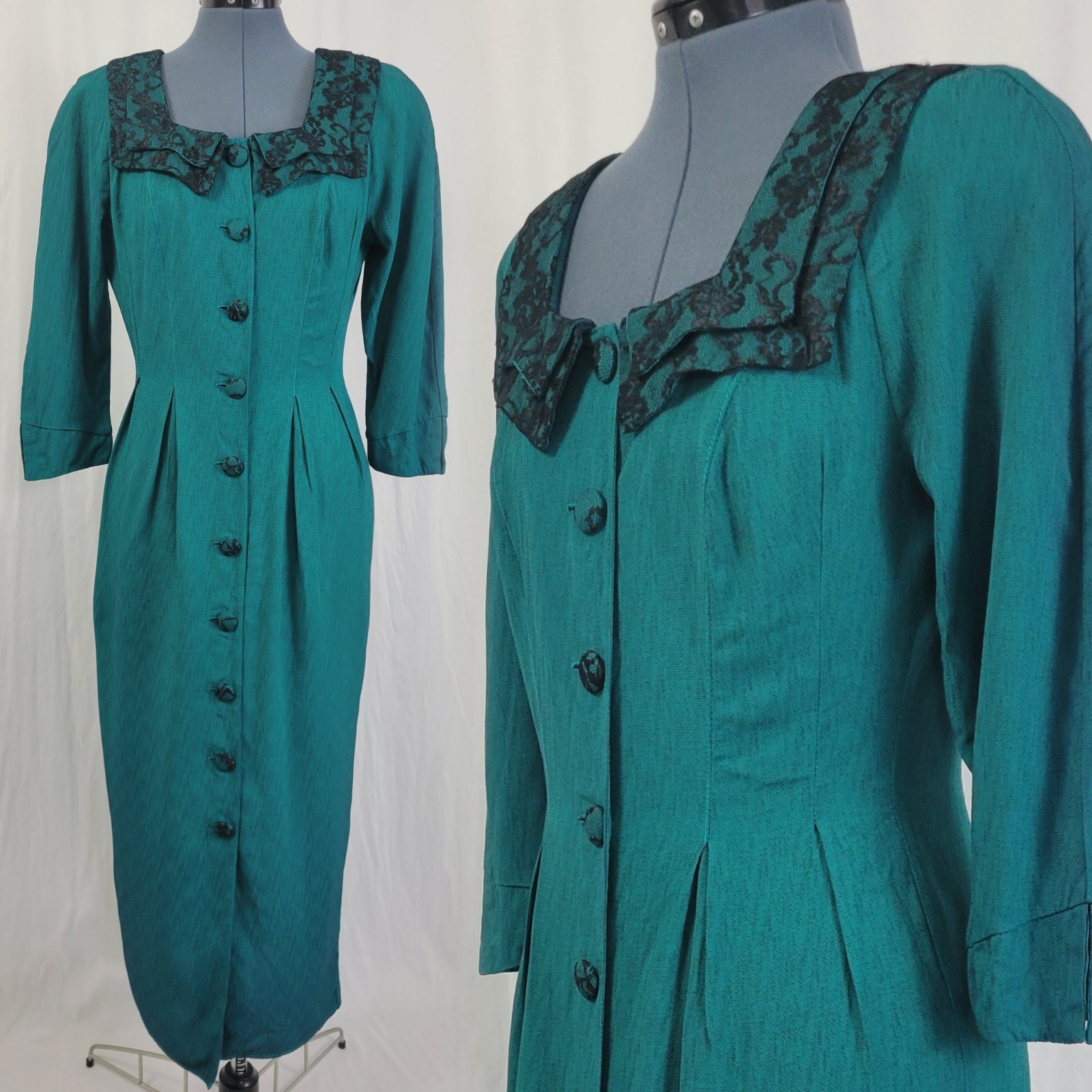 Vtg Atina by Karen Crosby Green & Black Sheath Dress w Black Lace Accents Size 8