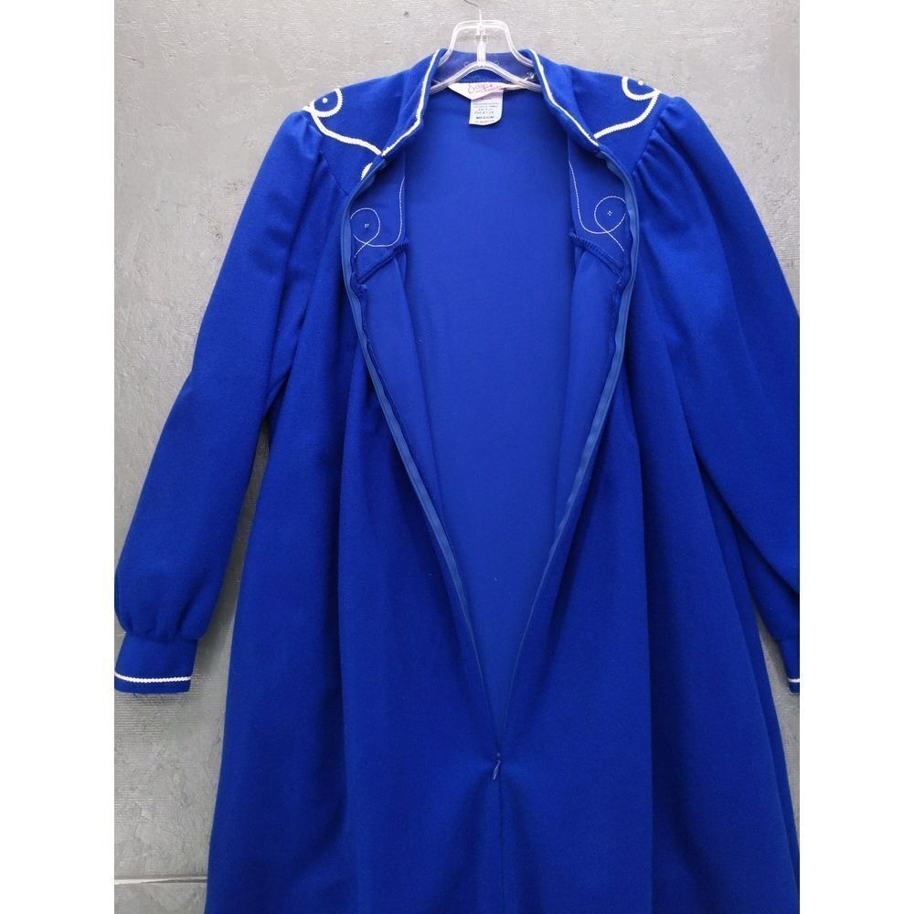 Evelyn Pearson Robe House Coat M Blue Vintage Zip Front Embroidered Maxi Lounger