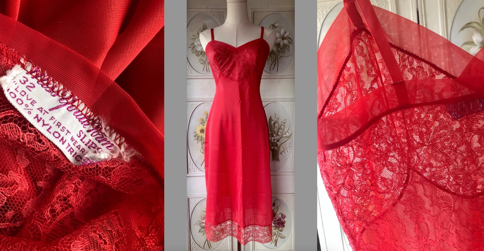 VTG 50s MISS YOUTH FORM BRIGHT RED USA-MADE NYLON LACE TRIM FULL DRESS SLIP 32