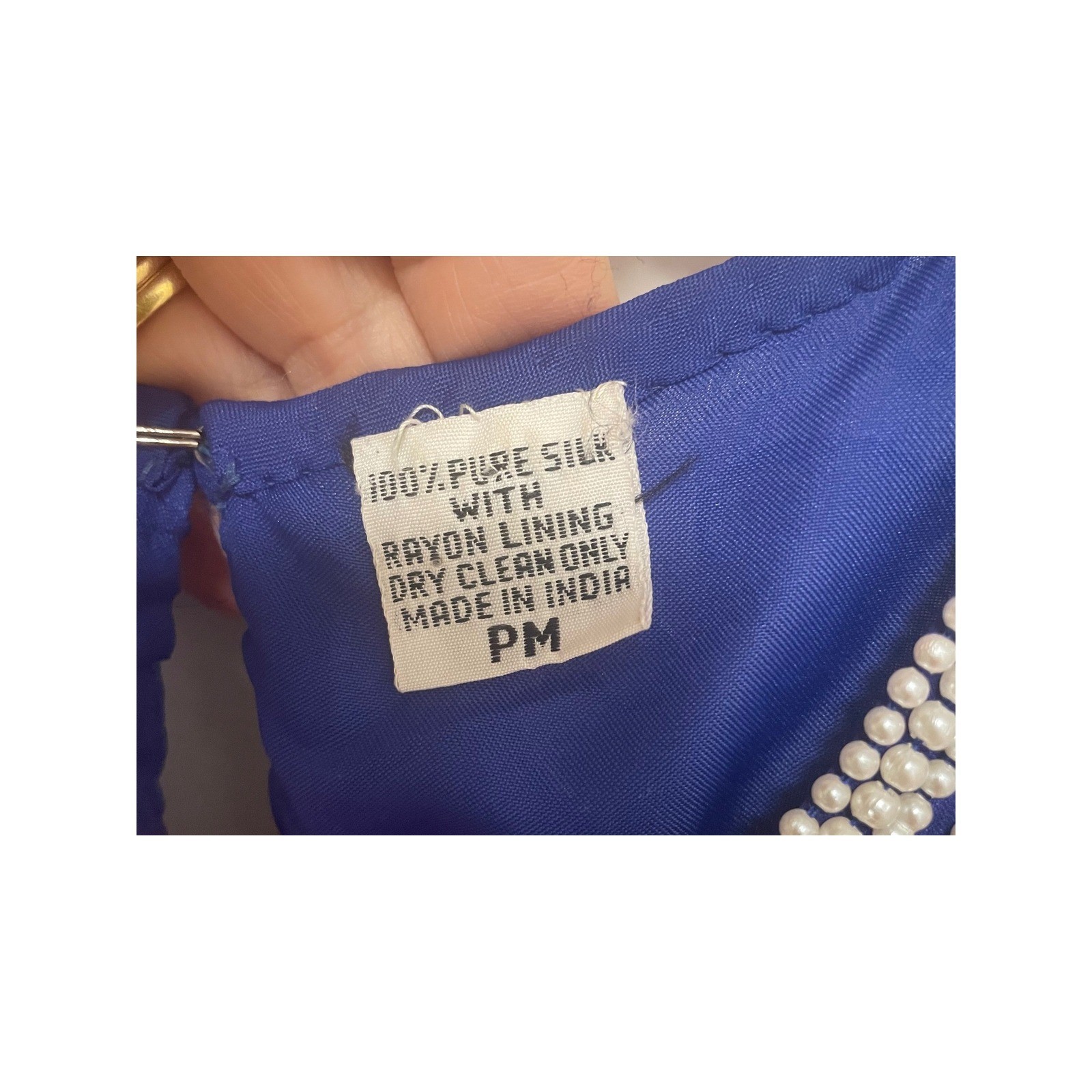 Vintage Faux Pearl Beaded Top Laurence Kazar Royal Blue 100% Silk PM