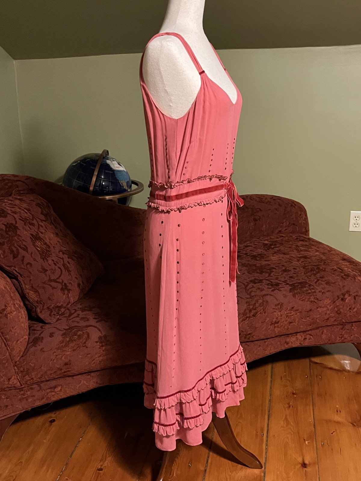 Vintage Anthropologie Lithe Dress- Size 4- Pink Ruffle- Red Velvet & Silk Lining