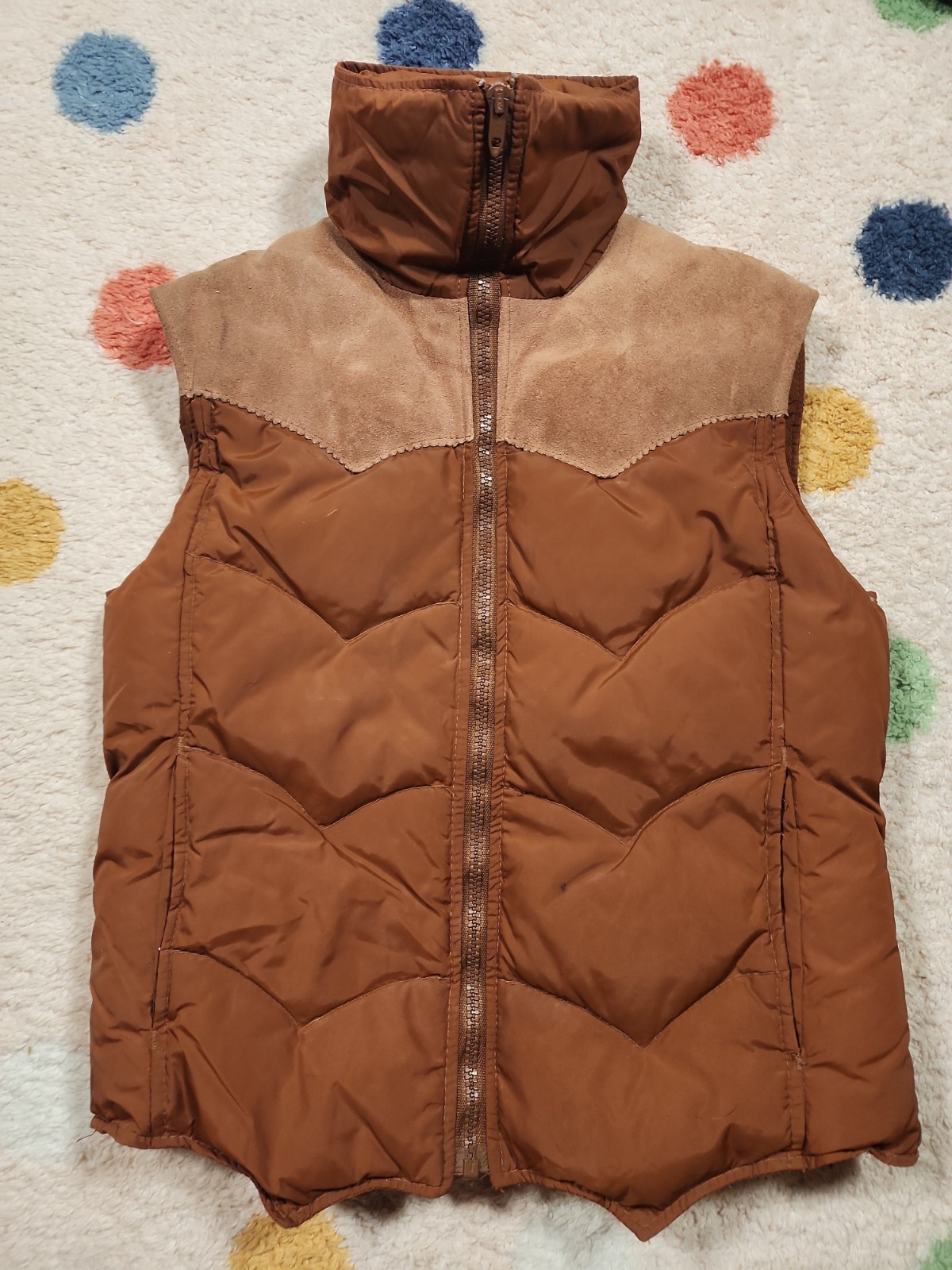 VINTAGE MS PIONEER 70’s Down Puffer Vest Small Women Nylon/Leather Brown Western