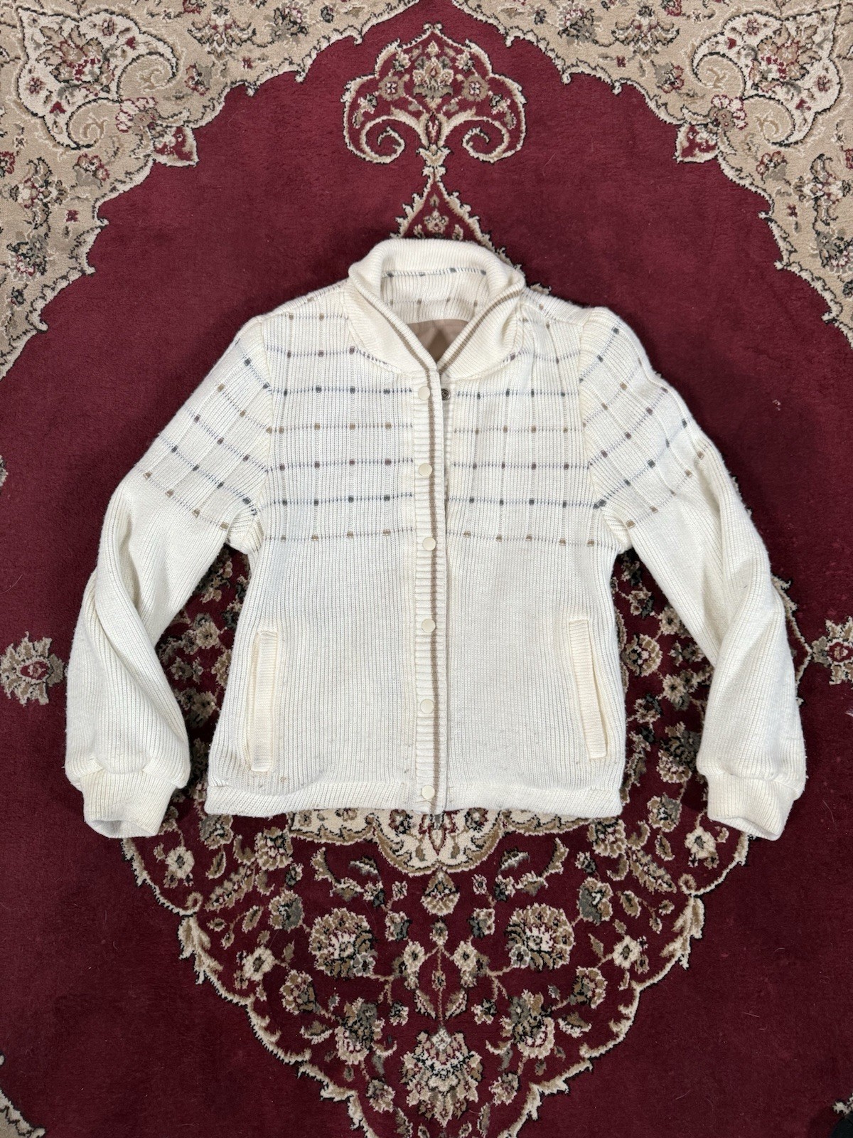 Vintage Andy John’s Tan, Cream And White Revisble Sweater Bomber Jacket Small