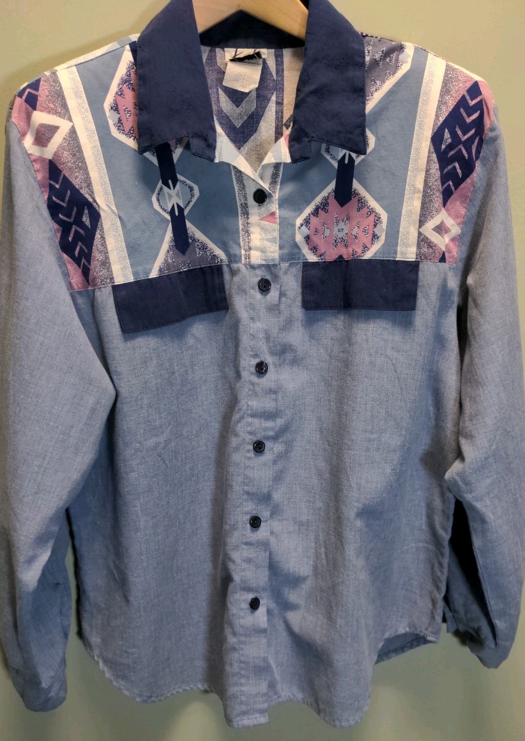 Vintage Tapestry Brand*Large* Western Print Button Up Chambray Top EUC*Sh. Pads