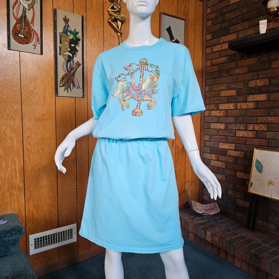 Vtg 80s 90s Sunbelt Merry Go Round Carousel Horse Whimsical T-Shirt Dress OSFM