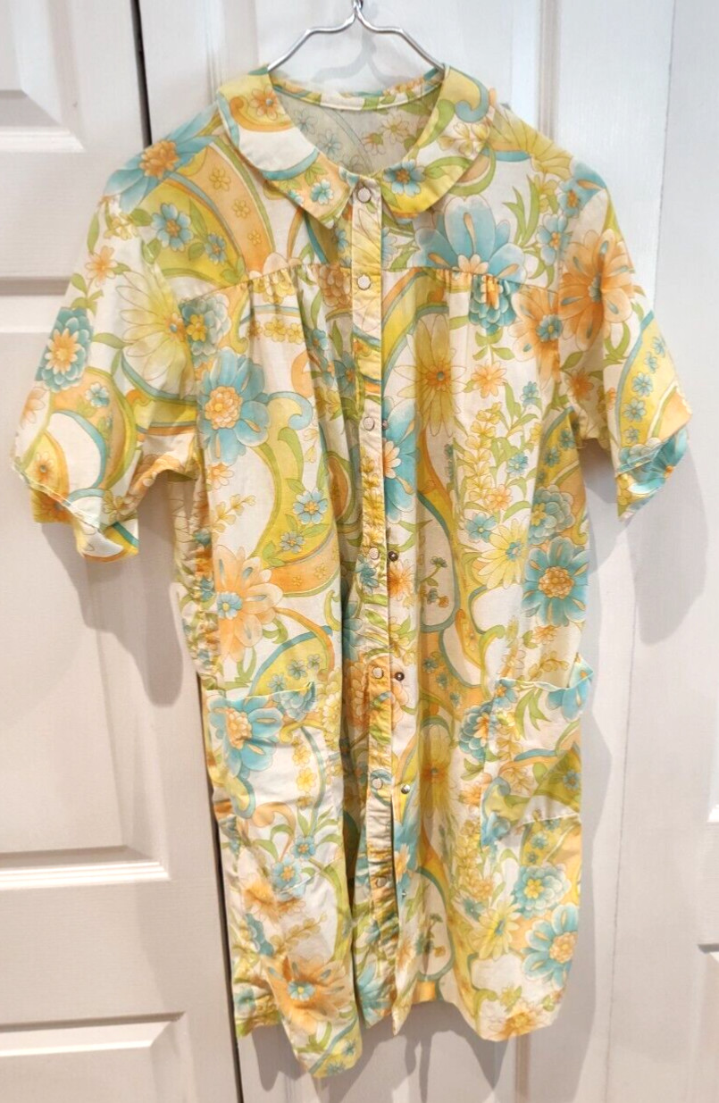 Vintage Hippie Night Gown Women Yellow Blue Orange White Floral Print Size Large