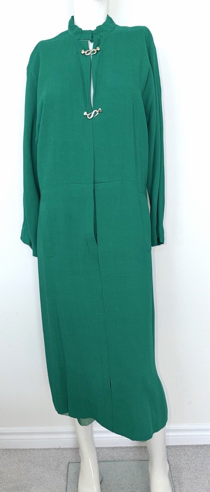 VTG 80s Pauline Trigere Bergdorf Goodman Emerald Green Maxi Textured Shirt Dress