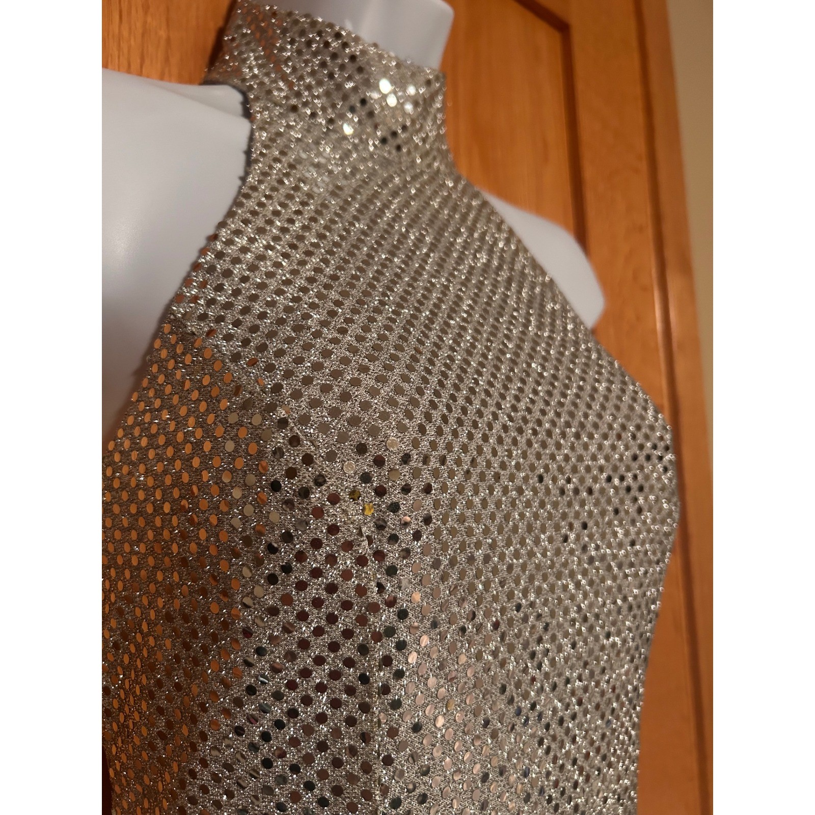 NEW Vintage 90s Roberta Silver Sequin Halter Maxi Dress Mock Neck Open Back XS