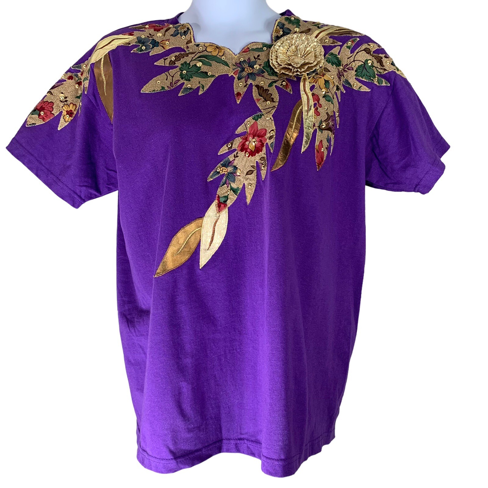 Vintage T Shirt Purple Gold Applique Shoulder Pads 80s One Size Fits All
