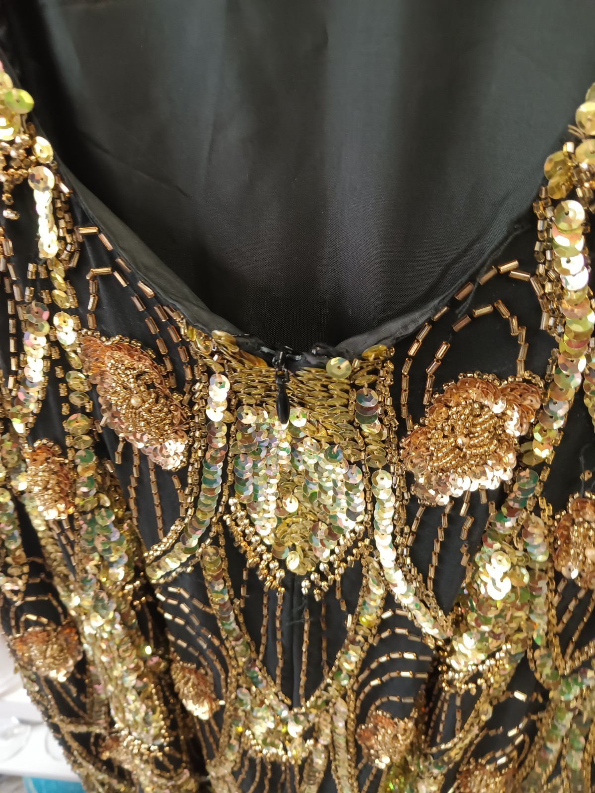 Lillie Rubin Vintage Black Gold Beaded Sequin Semi-Open Back Silk Dress Size 6