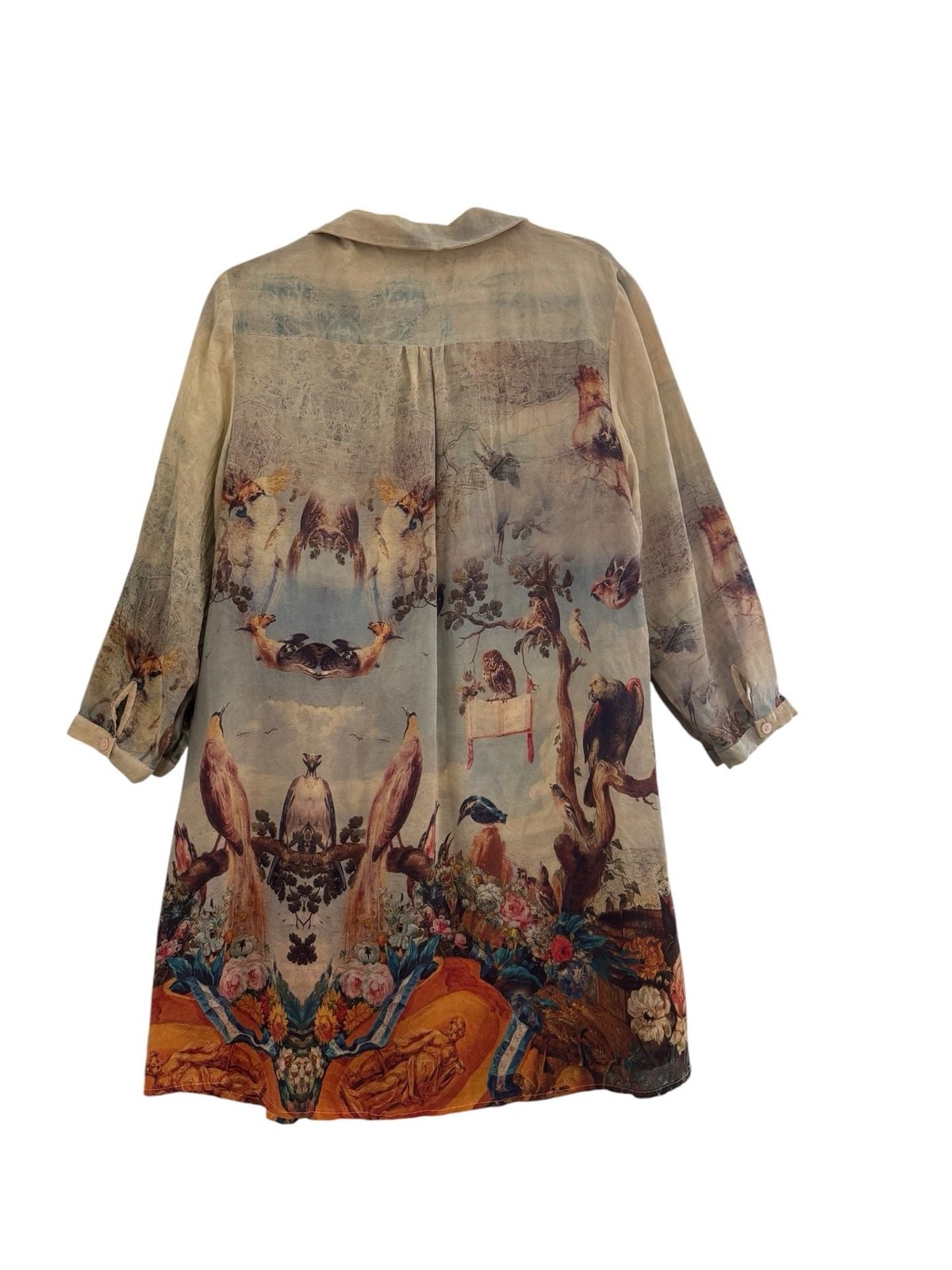 Vintage Girard Silk Renaissance Art Birds and Floral Print Tunic Shirt