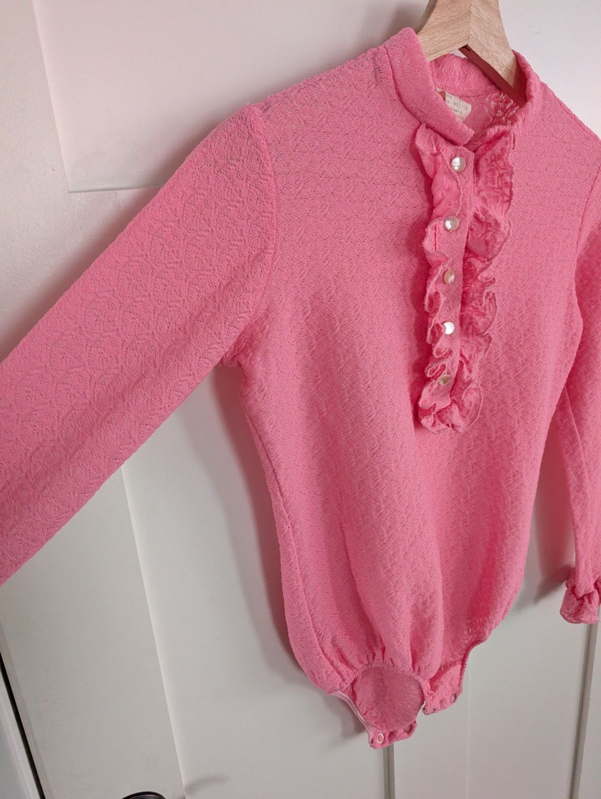 Vintage Pink Ruffle Leotard Blouse Dancer Ballet Sweater Womens M Kawaii 60s 70s