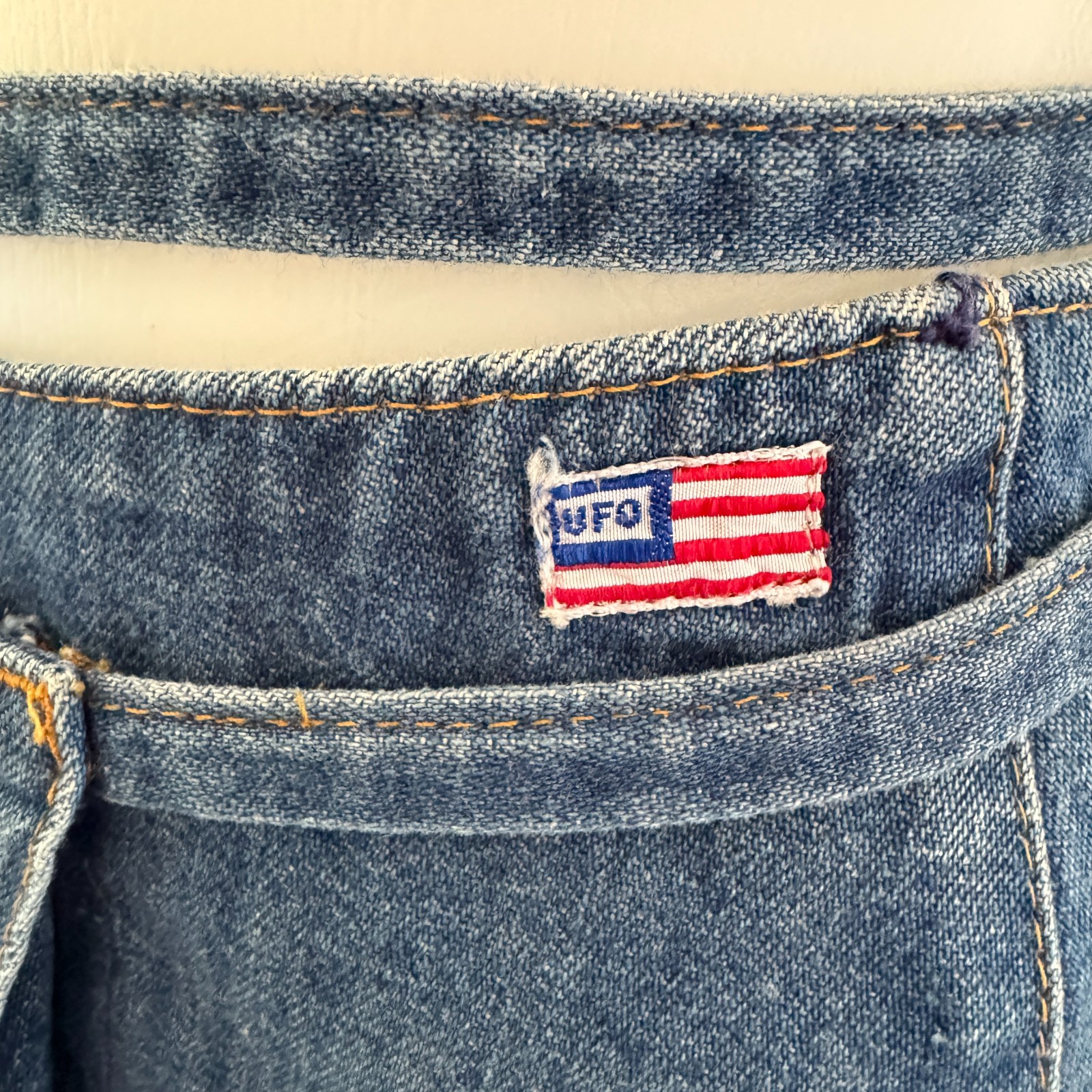 70s vintage UFO JEANS Denim Cut-off Wrap Mini Skirt USA NY American Flag Patch