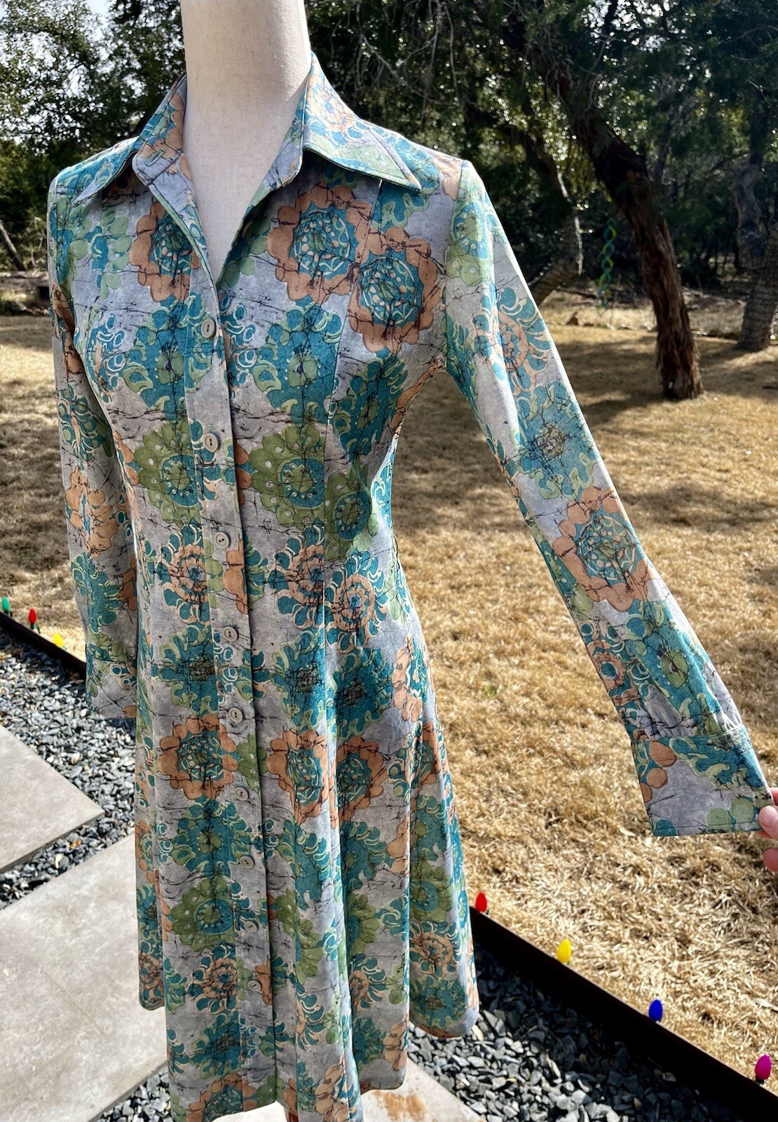 Homemade Paisley Green Long Sleeve Dress 1970s Style Vintage? 30 Waist 35 Bust