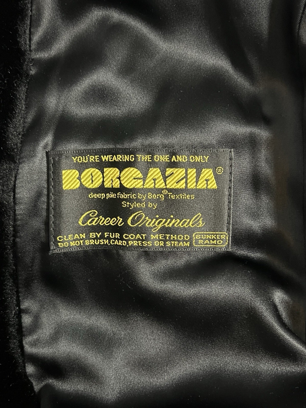 Vintage 1970s Borgazia Black Plush Faux Fur Chevron Pattern Belted Coat S/M