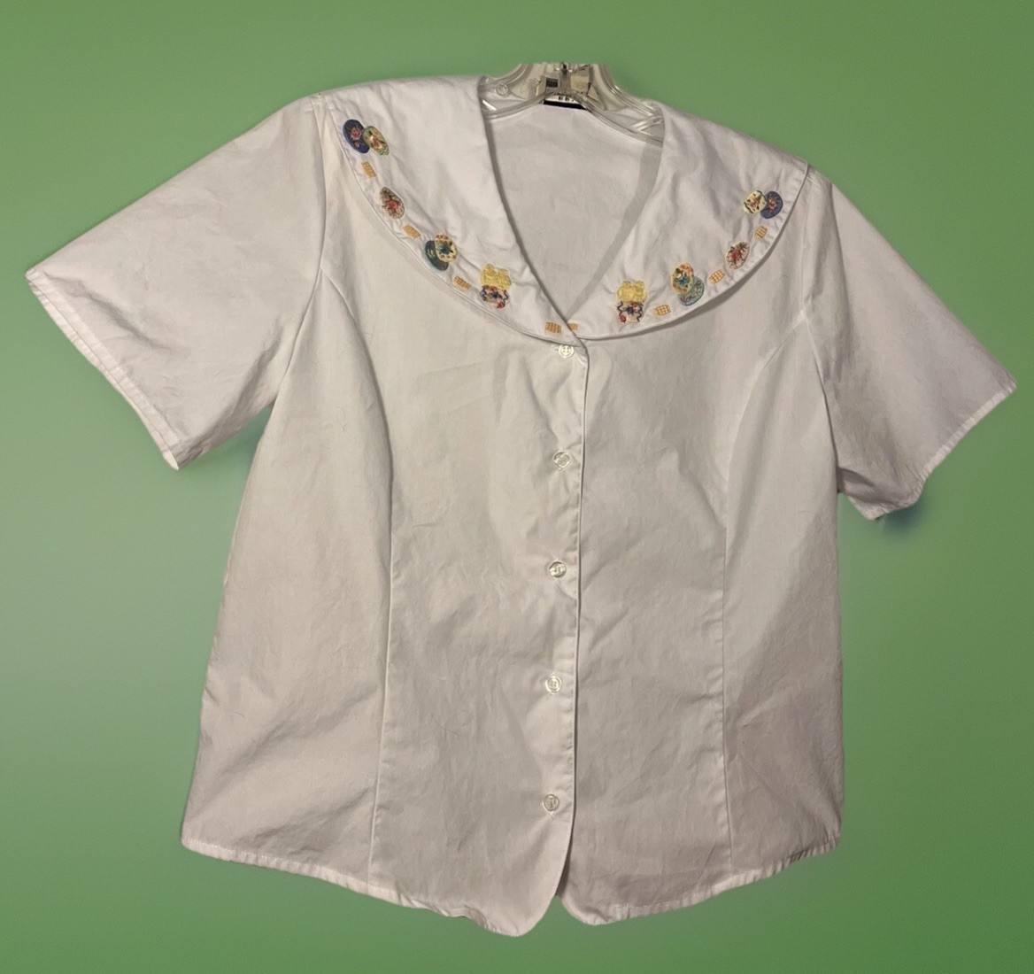 Vintage Bryn Connelly Embroidered Collar Easter Eggs Short Sleeve Blouse Sz 12